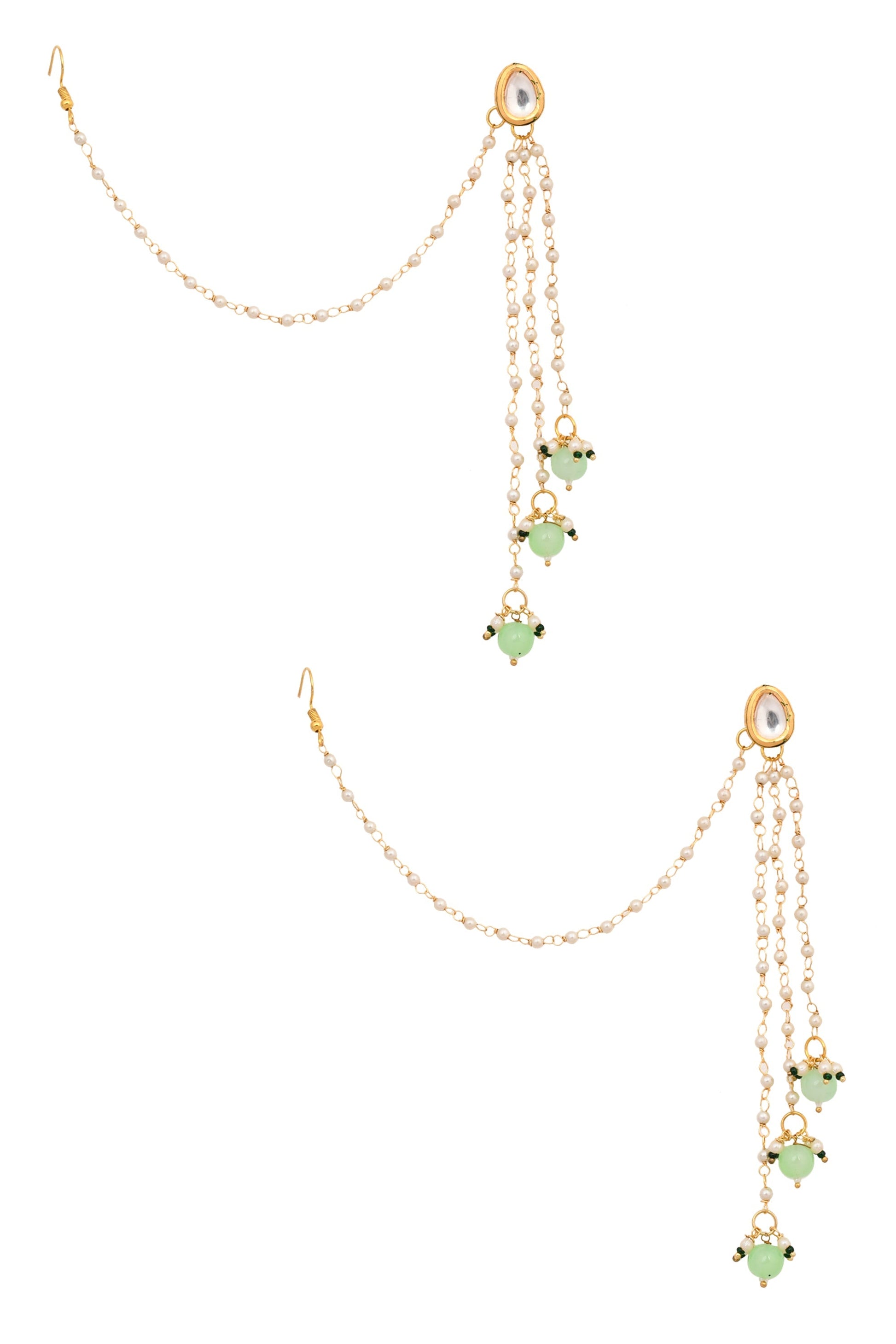 Gold and Green Tone Kundan Inspired Pearl Tassel Earrings with Hair Chain