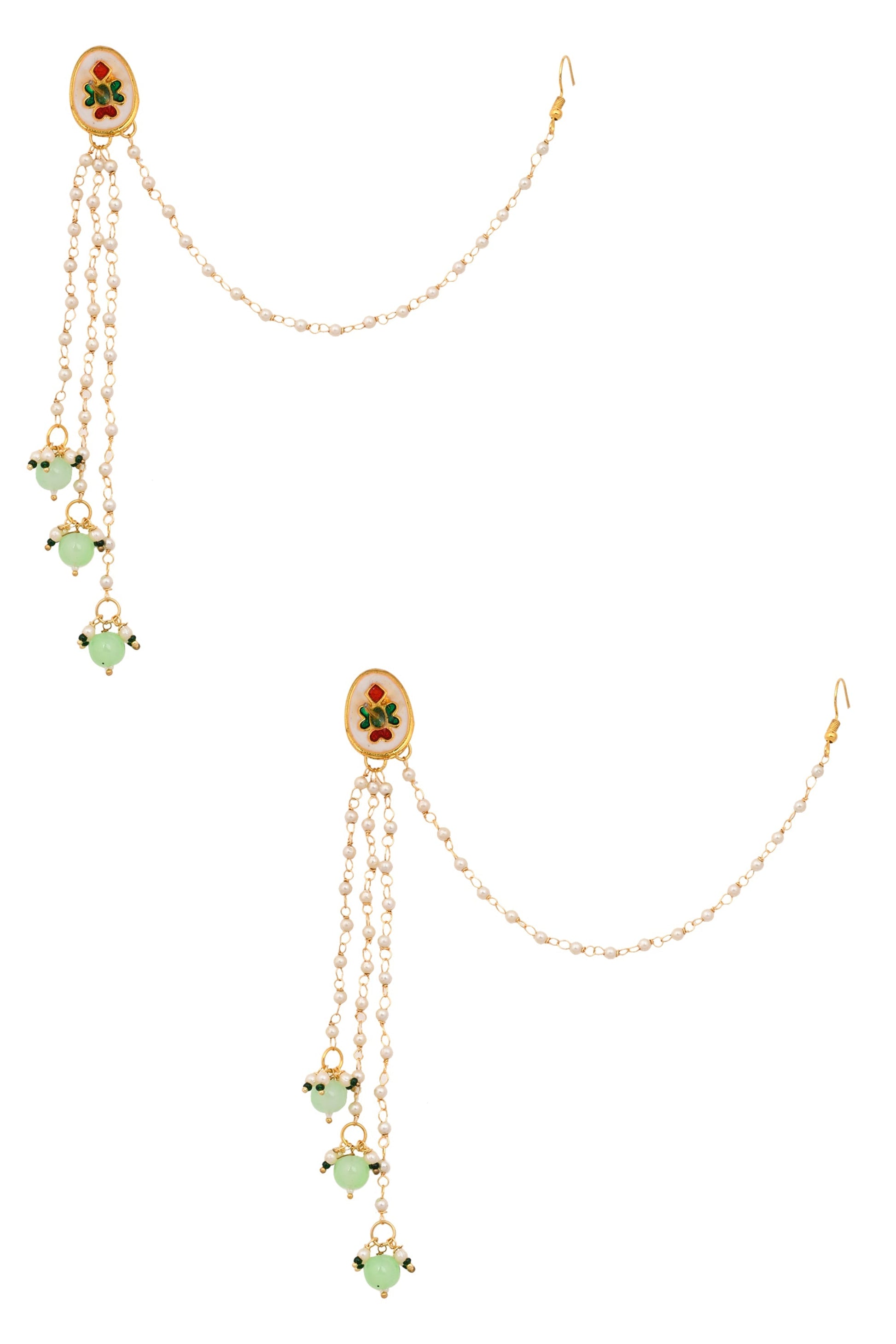 Gold and Green Tone Kundan Inspired Pearl Tassel Earrings with Hair Chain