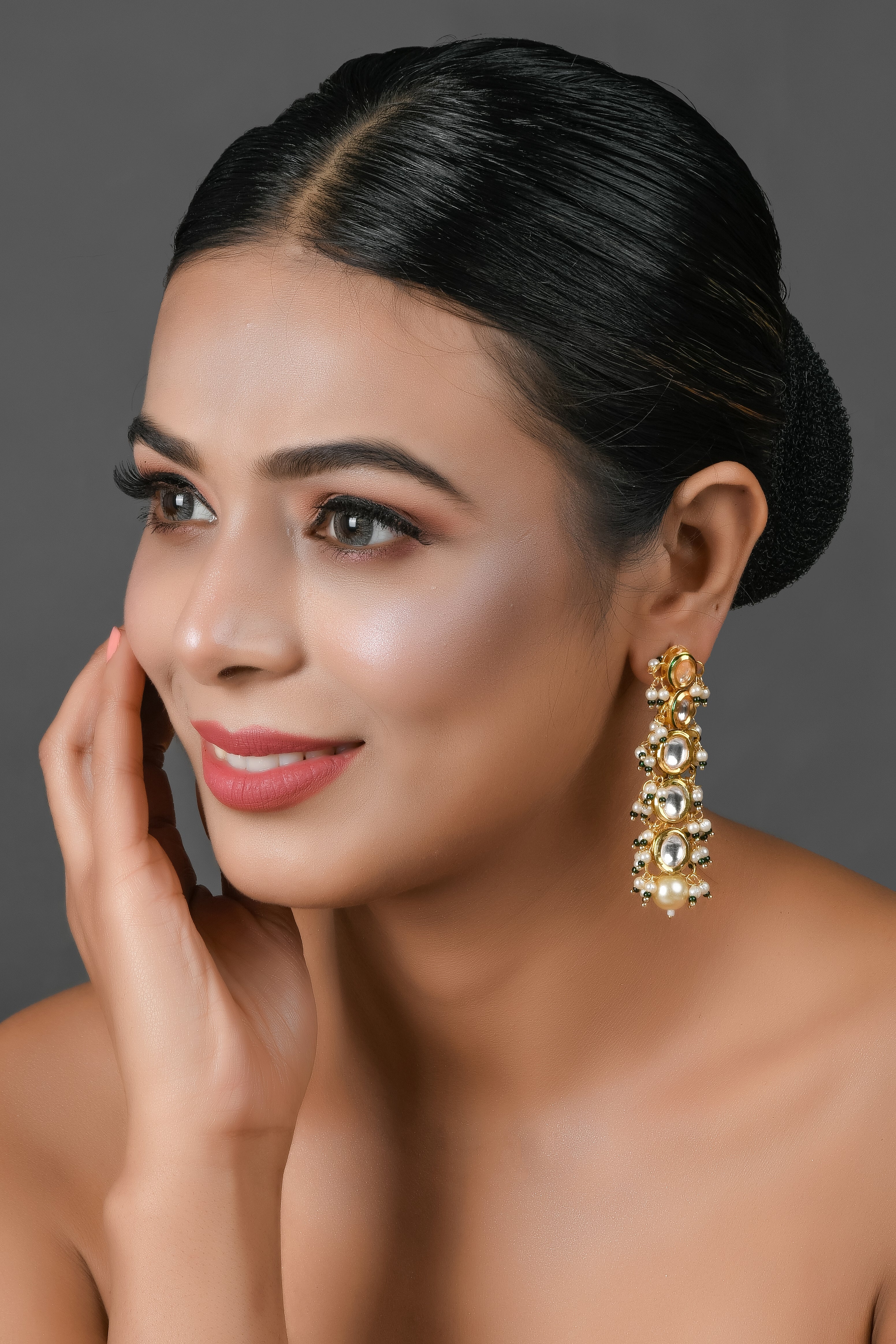Gold and Green tone Pearl beaded kundan earrings