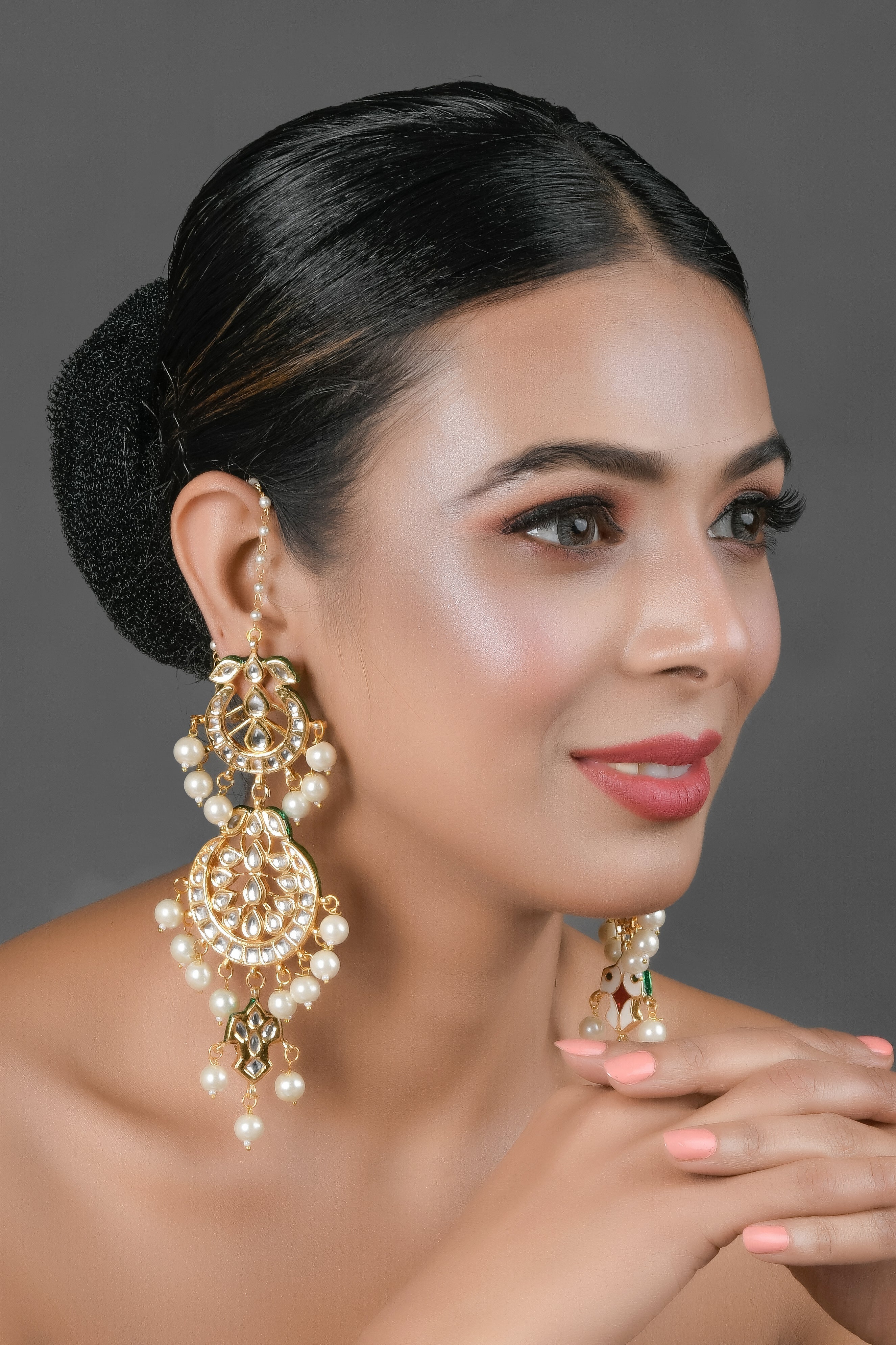 Green and White Pearl beaded Handcrafted Kundan earrings