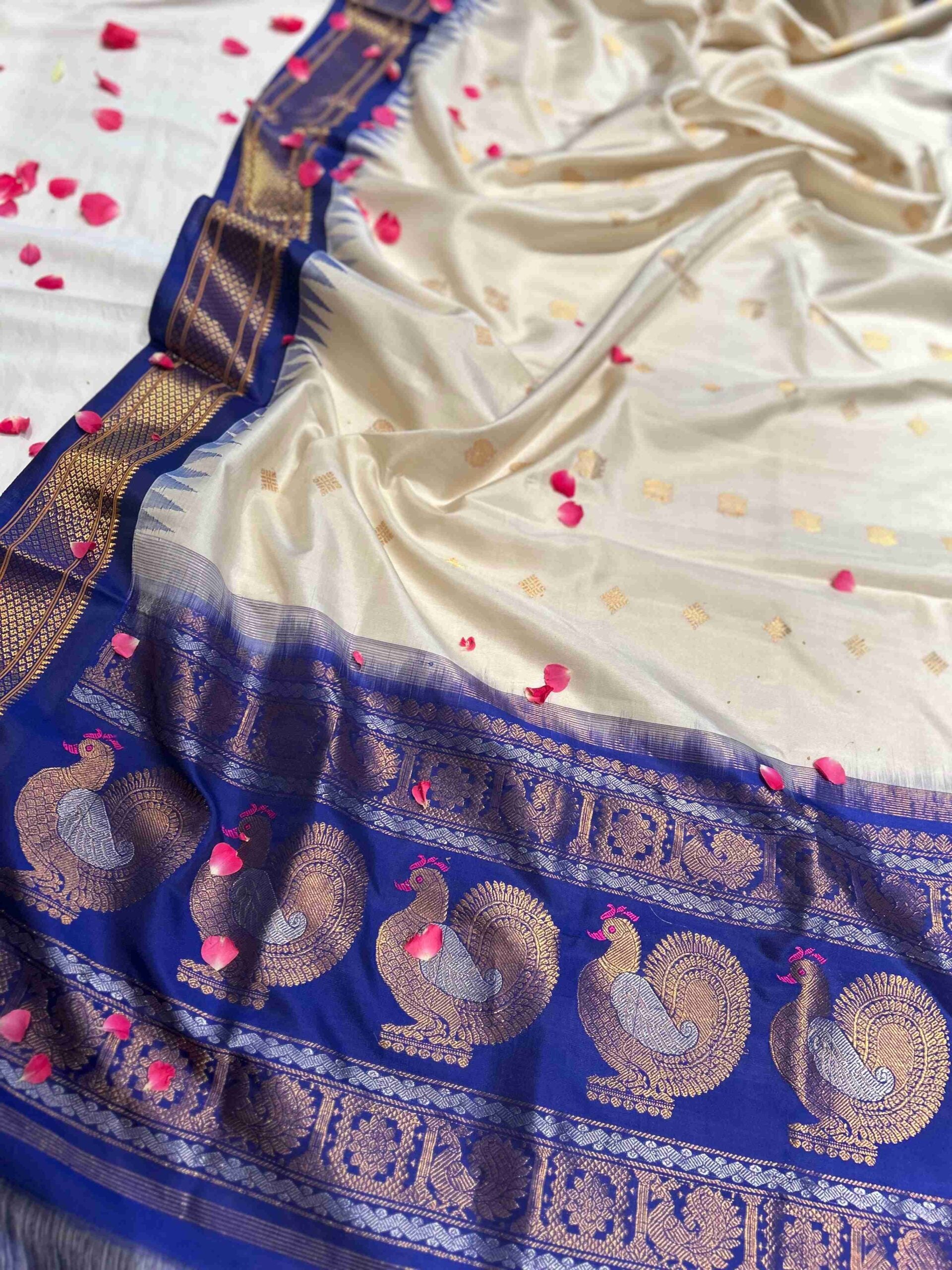 Ivory Gadwal Silk Dupatta Royal Blue Peacock Motifs Gold Zari