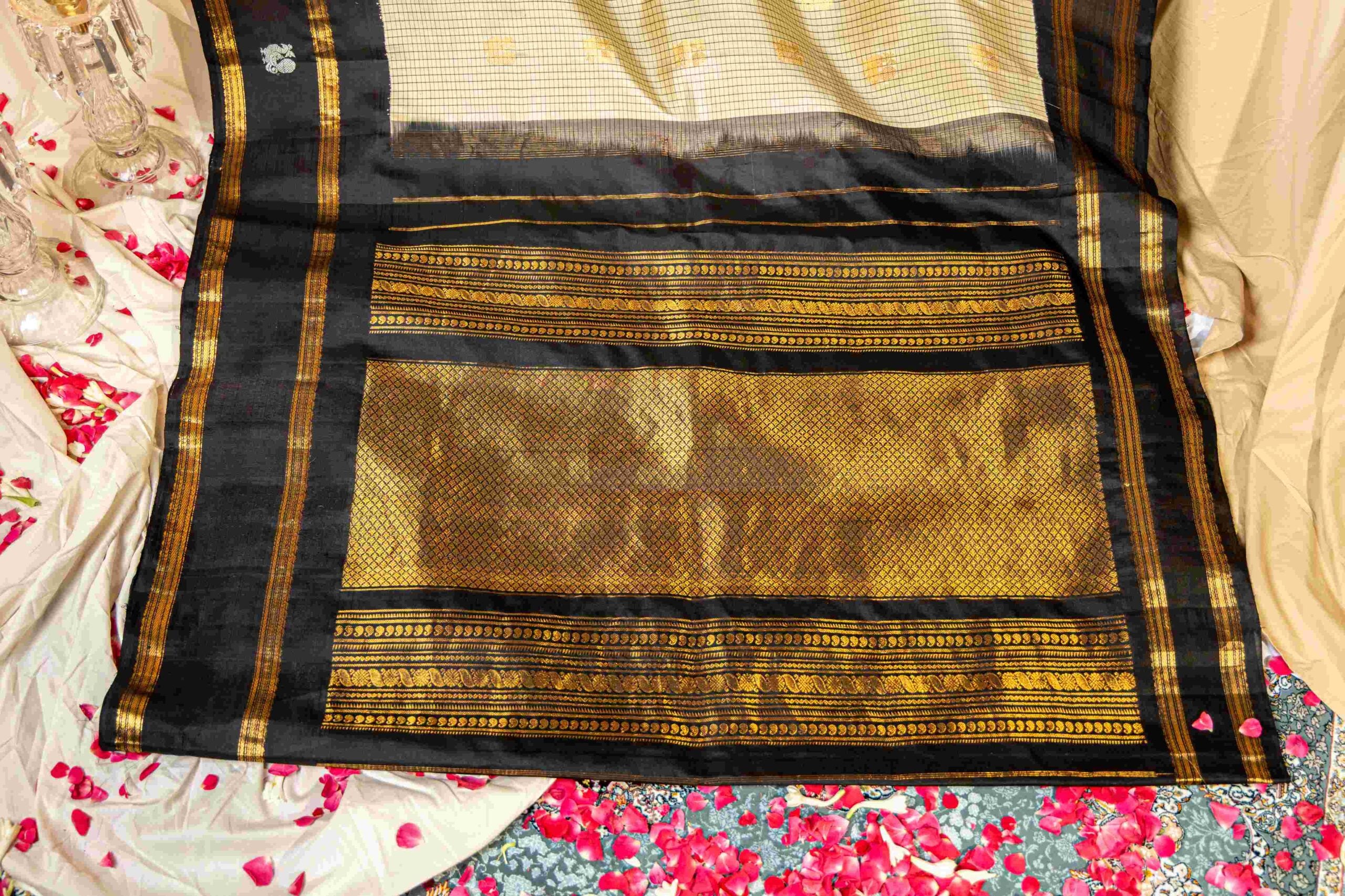 Ivory Black Gadwal Cotton Silk Saree Checks Peacock Kuttu Border