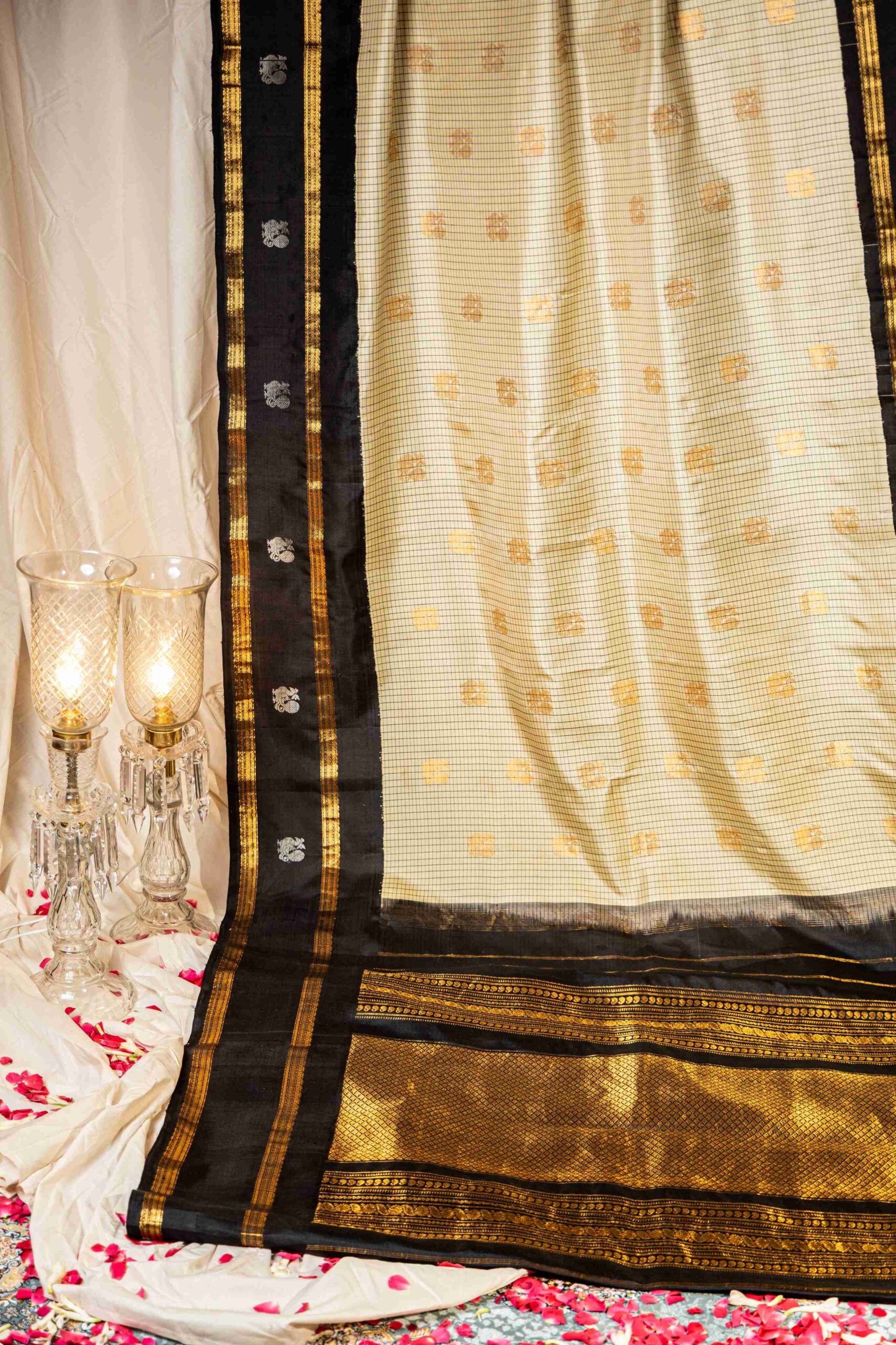 Ivory Black Gadwal Cotton Silk Saree Checks Peacock Kuttu Border