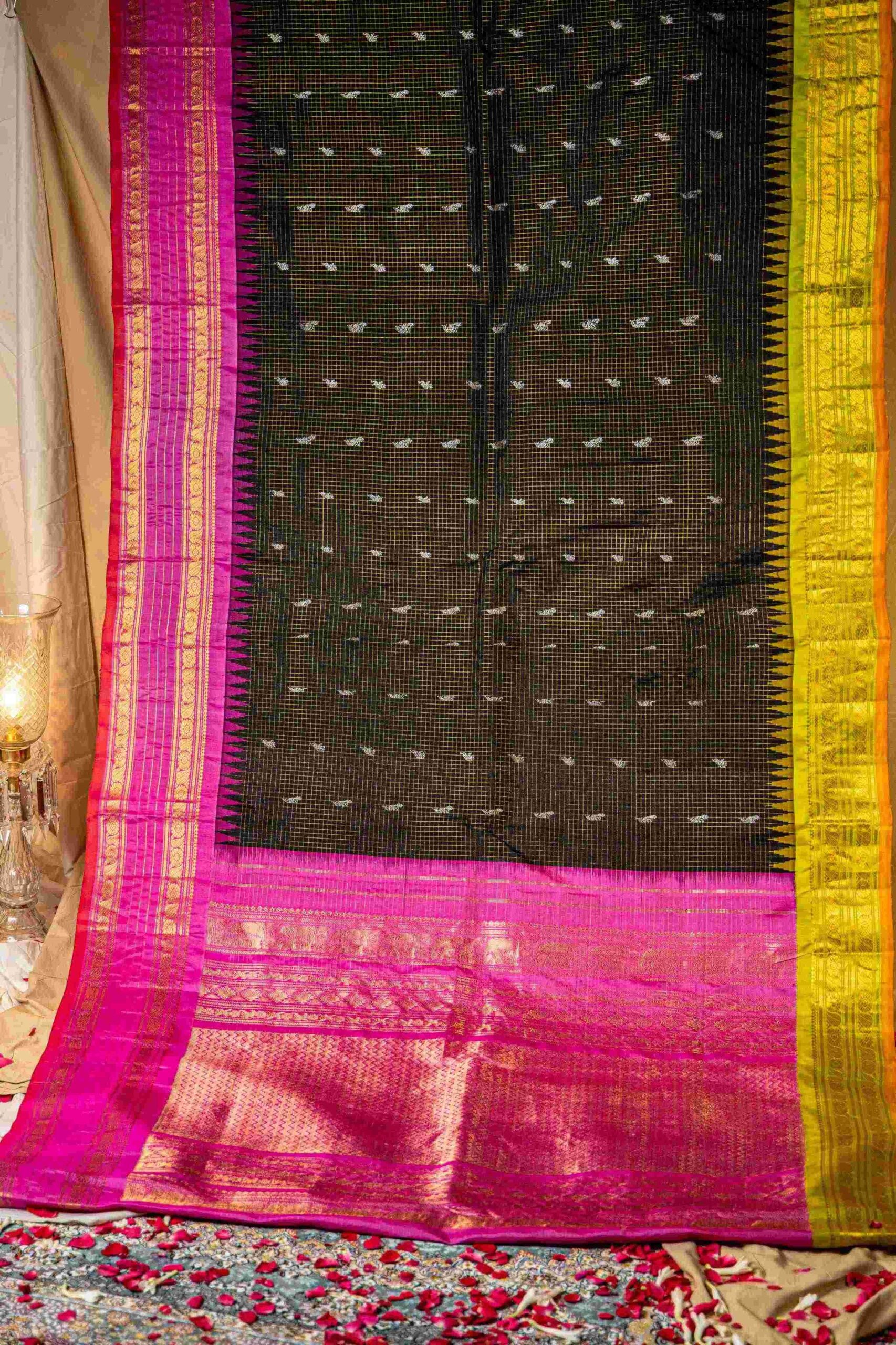 Black Neon Green Pink Gadwal Silk Saree Ganga Jamun Checks Booti