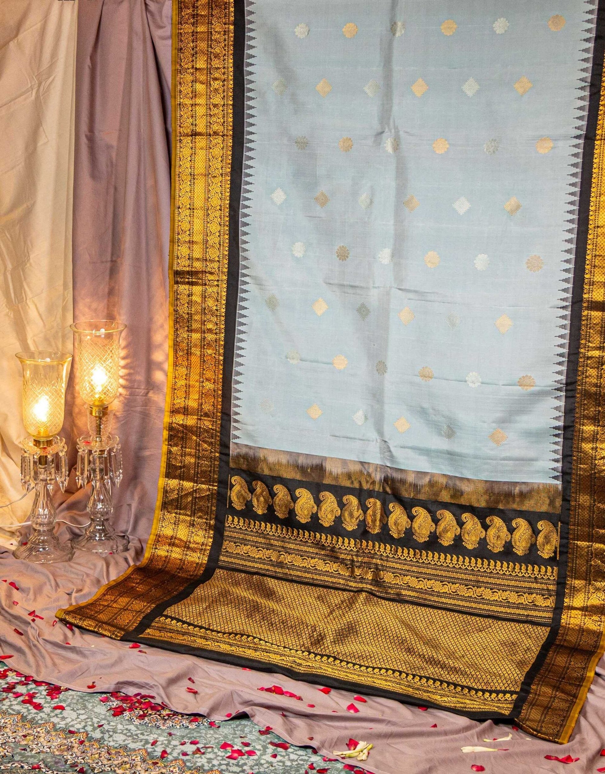 Sky-blue Gadwal Silk Saree Black Mustard Yellow Border Kollam Booti