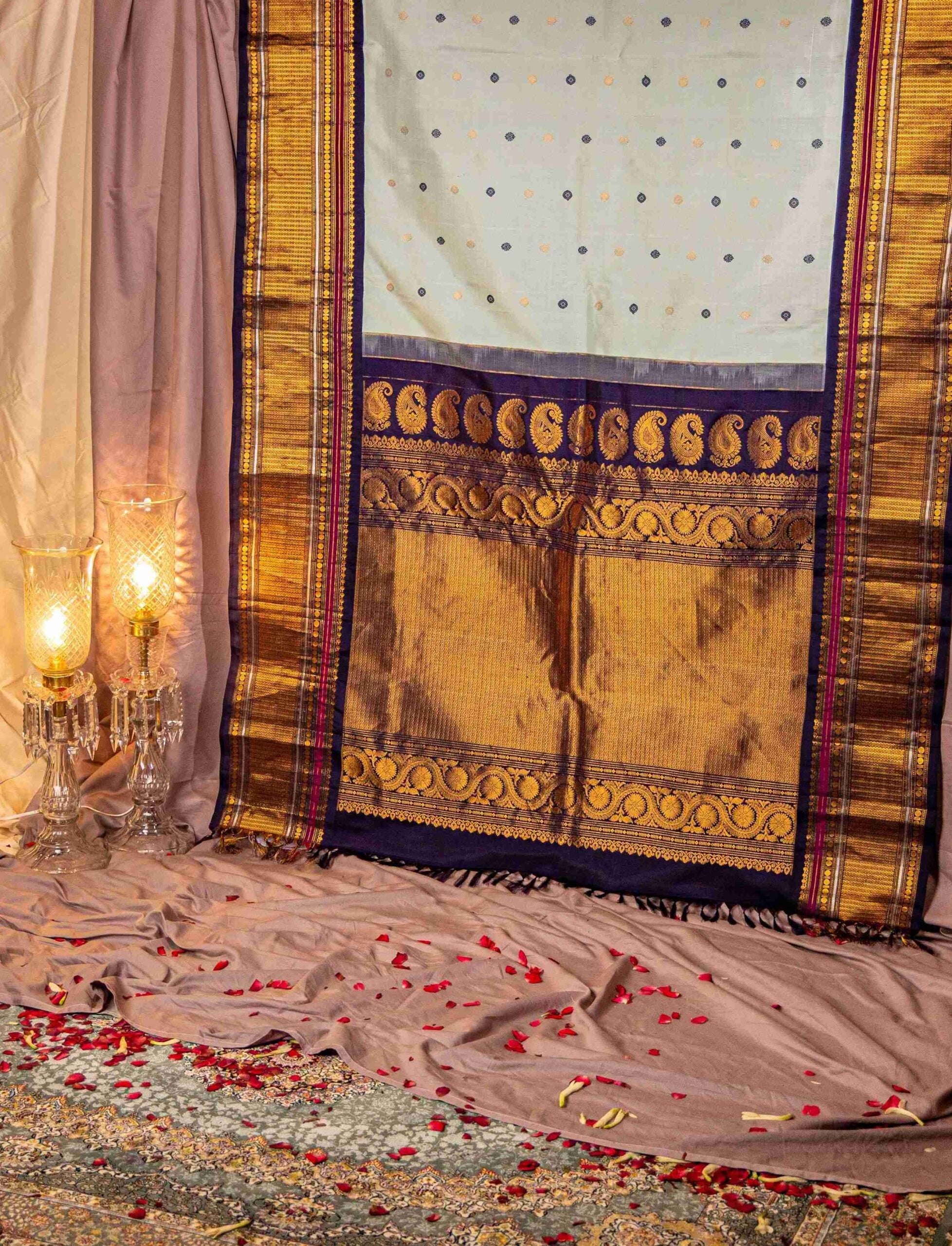 Powder Blue Gadwal Mysore Silk Saree Symmetrical Heavy Border