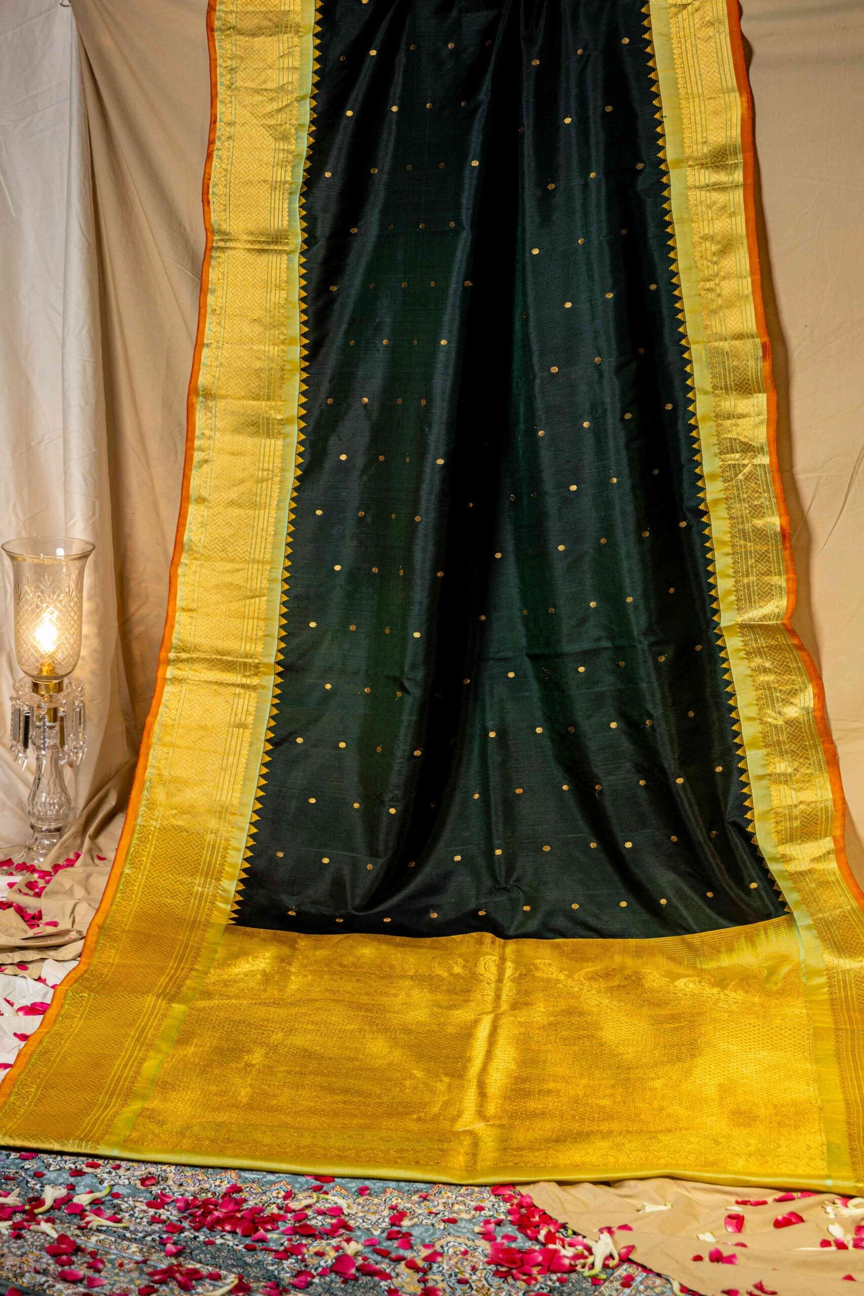 Emerald Green Orange Gadwal Silk Saree Booti Minimal Traditional Border