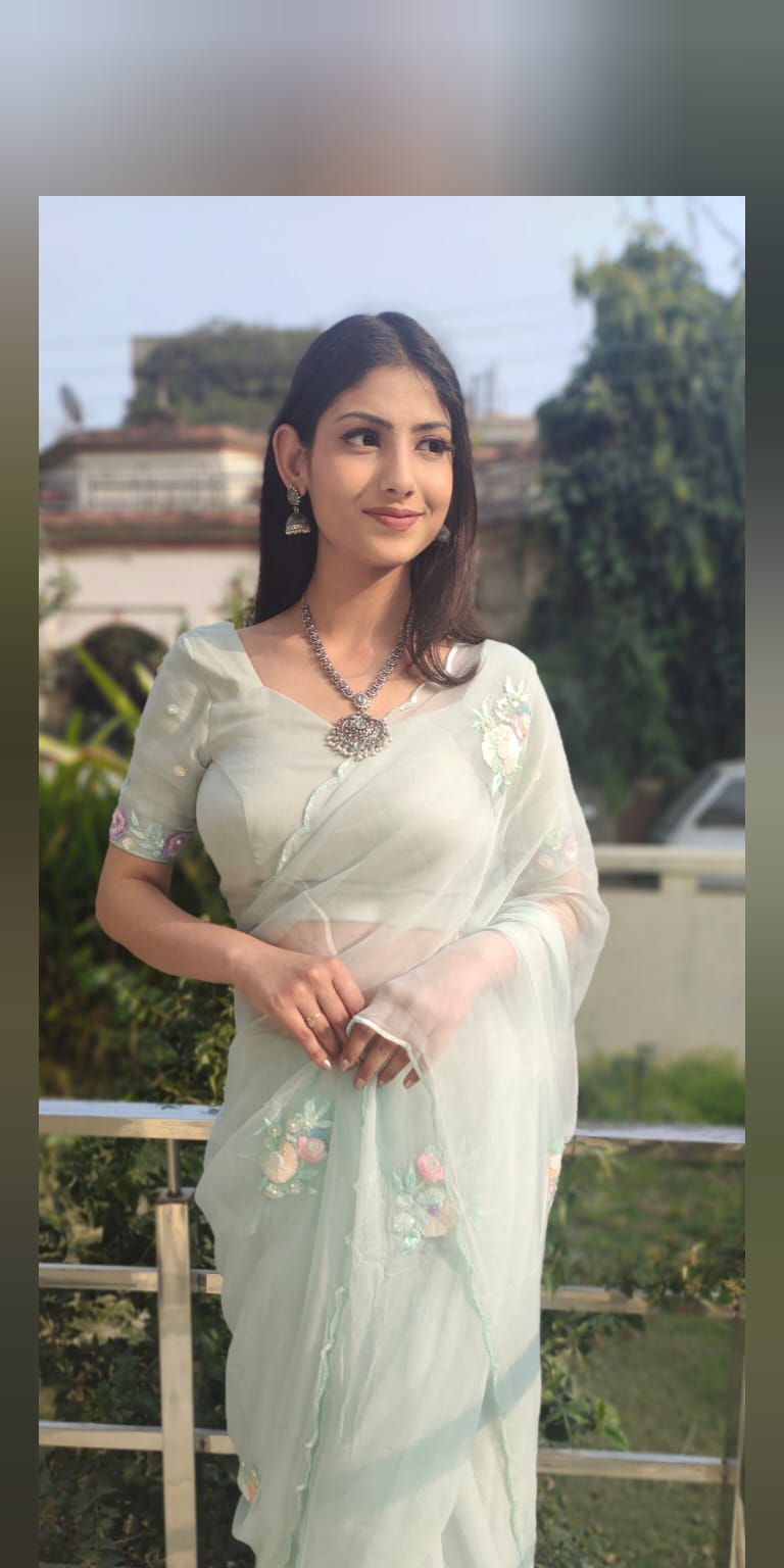 Stunning Green Pastel Chiffon Saree Sequin Buttis Floral