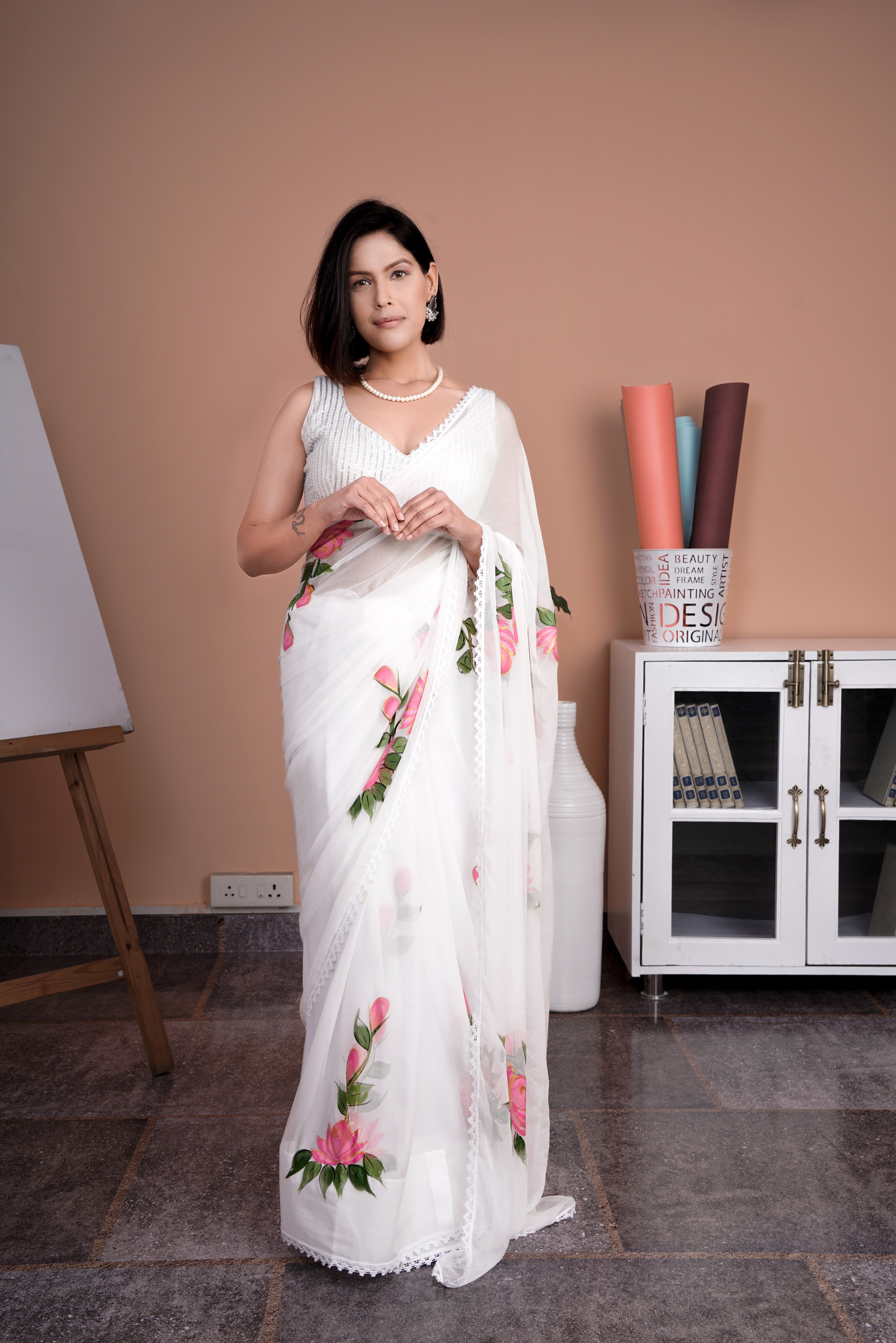 Serene White Chiffon Handpainted Saree Lace Border Floral