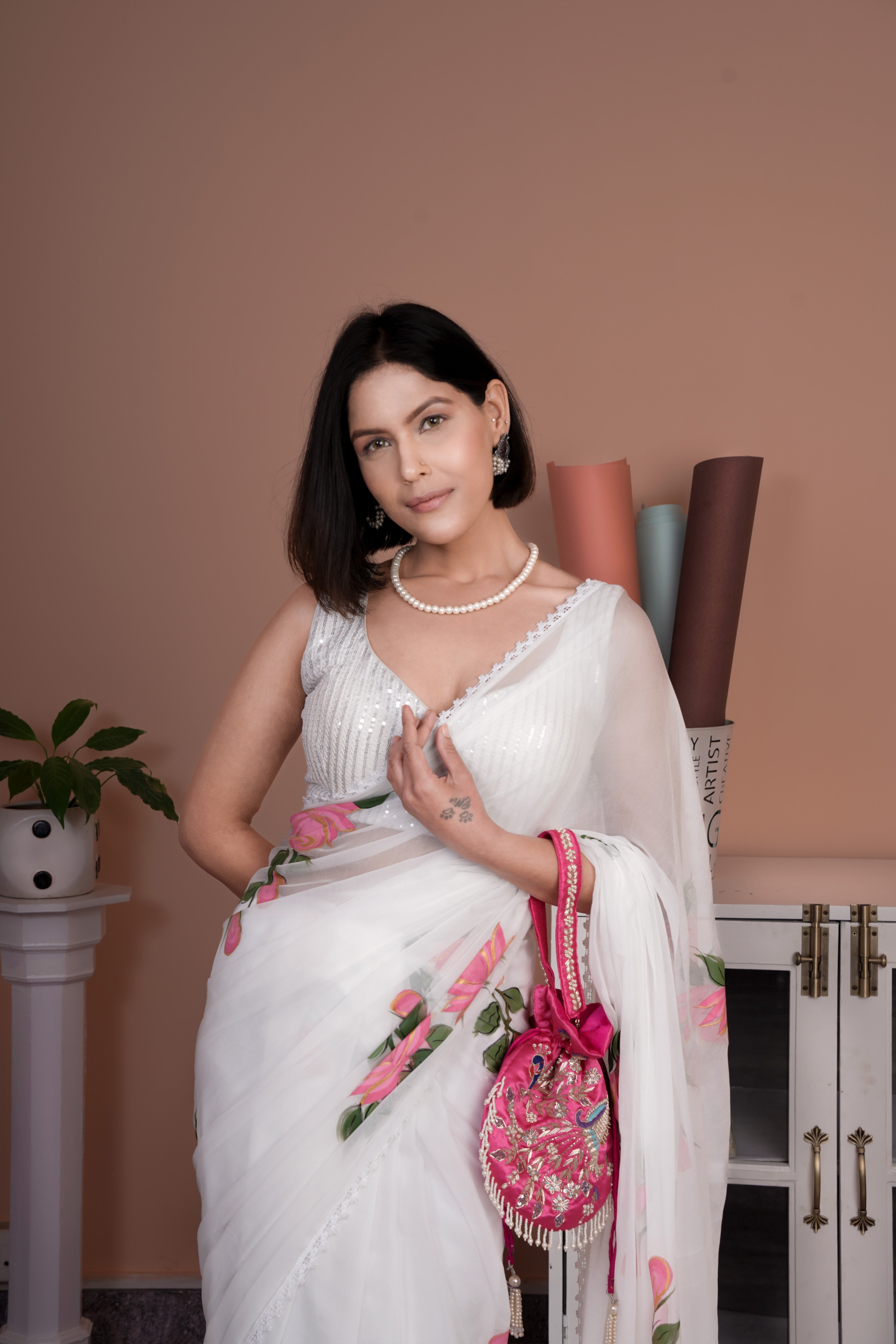 Serene White Chiffon Handpainted Saree Lace Border Floral