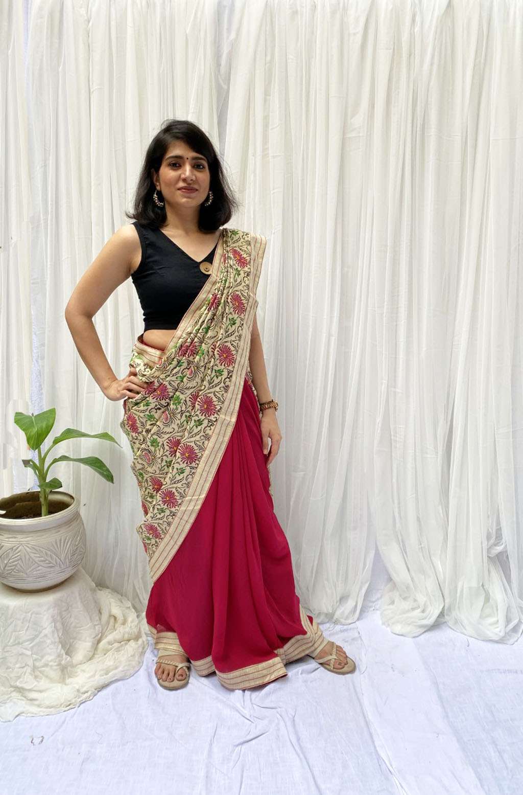 Handcrafted Beige Rani Pink Khadi Cotton Georgette Handblock Saree