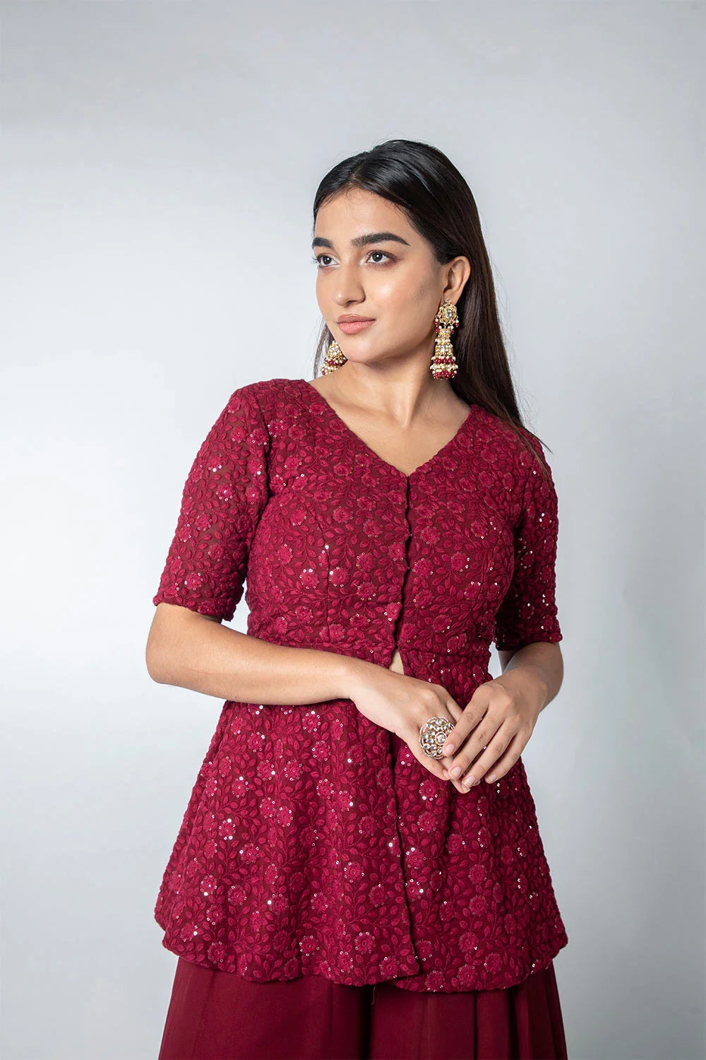 Elegant Maroon Chikankari Georgette Peplum Palazzo Set