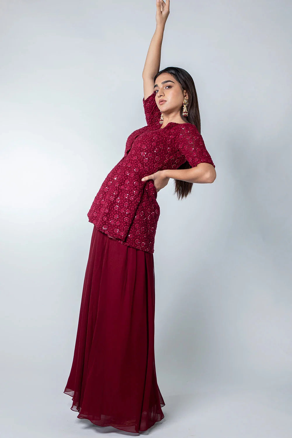 Elegant Maroon Chikankari Georgette Peplum Palazzo Set
