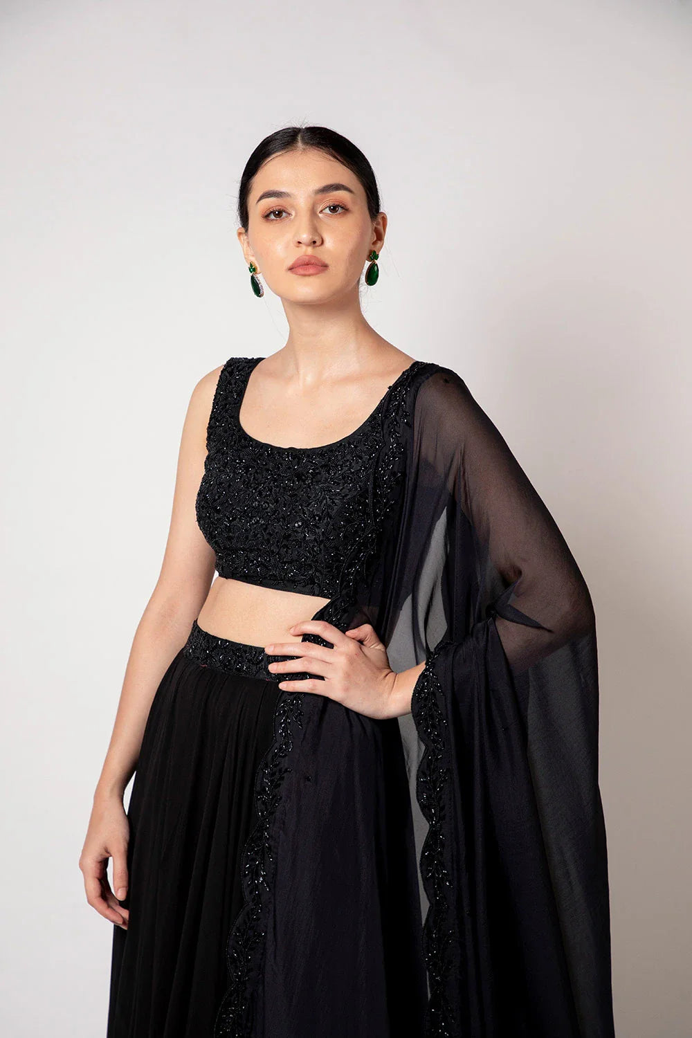Elegant Black Raw Silk Georgette Self Embroidered Lehenga Set