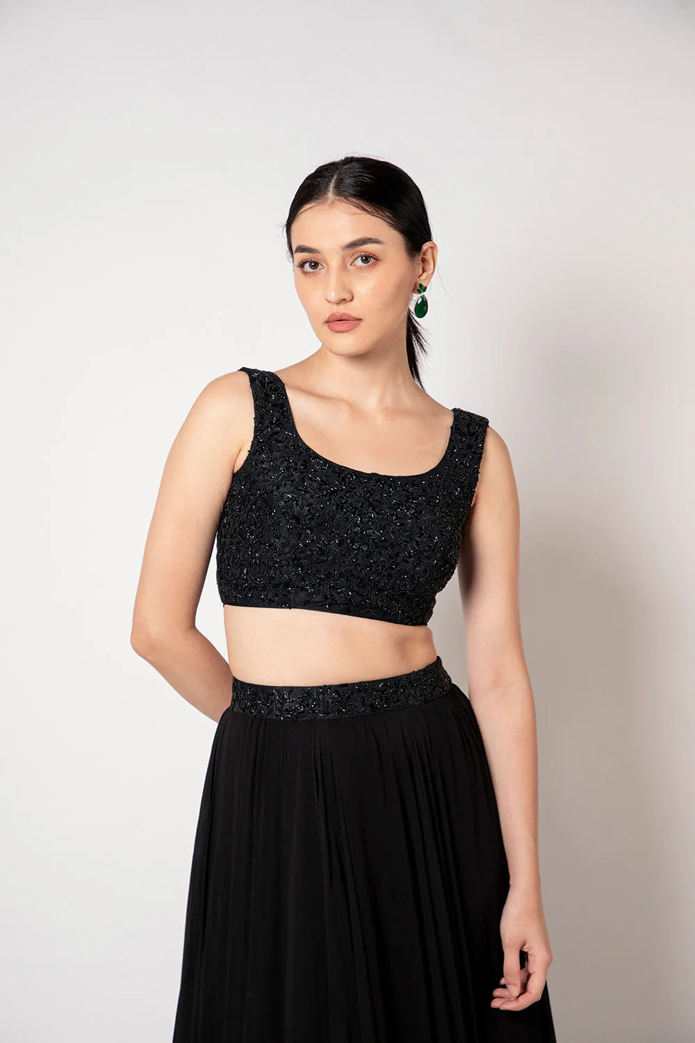 Elegant Black Raw Silk Georgette Self Embroidered Lehenga Set