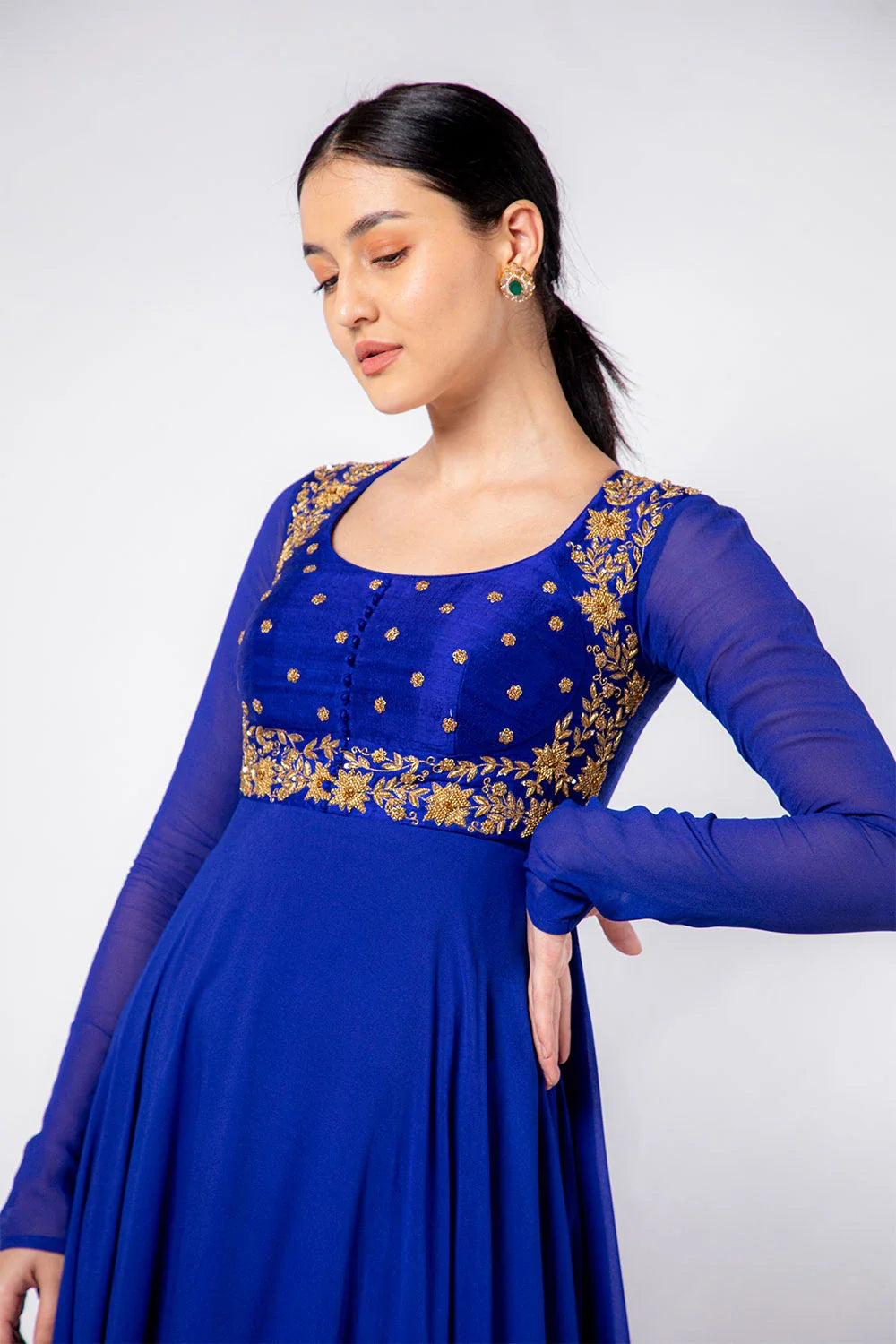 Regal Royal Blue Raw Silk Georgette Zardosi Anarkali Gown