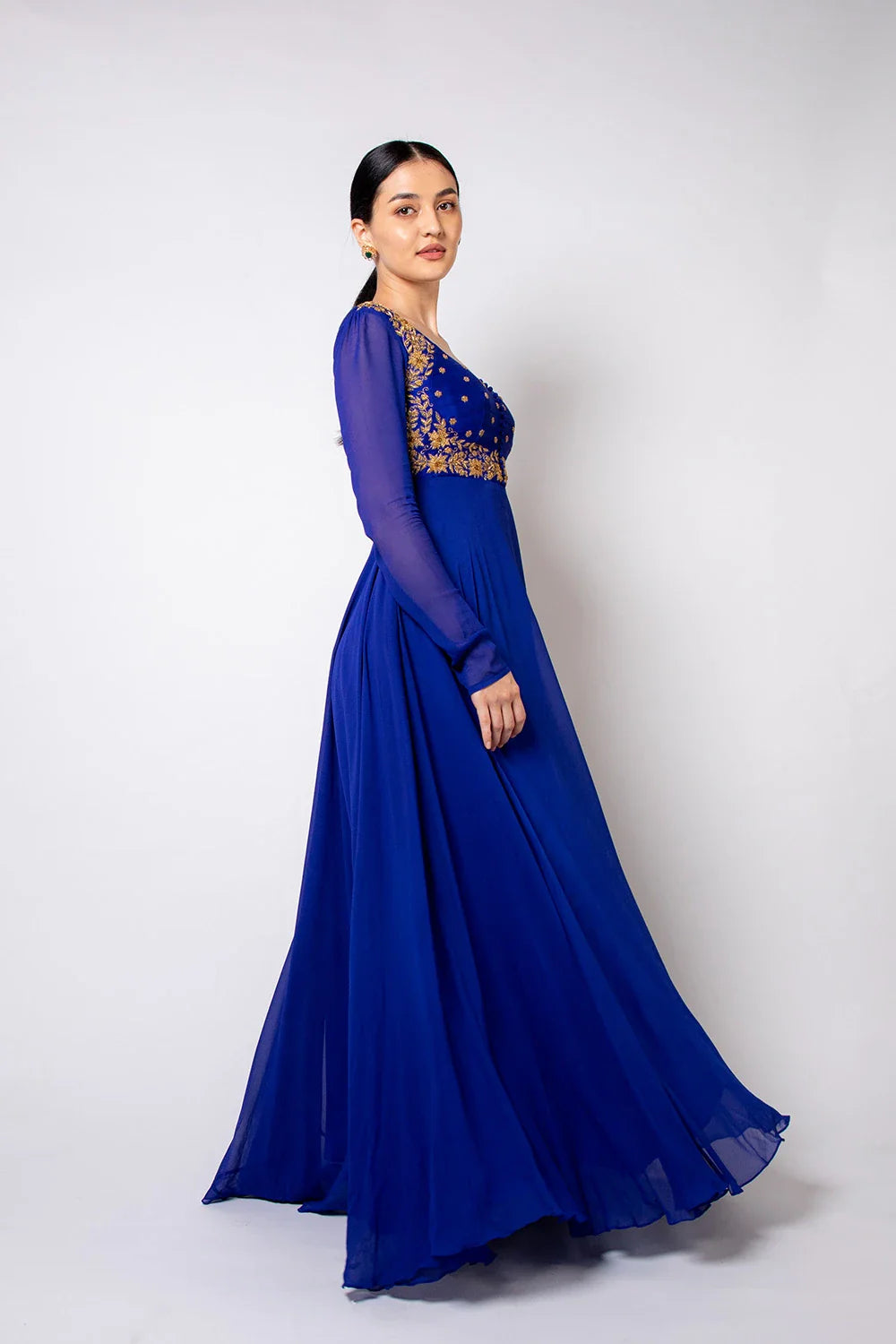 Regal Royal Blue Raw Silk Georgette Zardosi Anarkali Gown