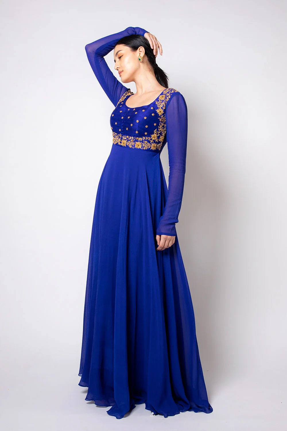 Regal Royal Blue Raw Silk Georgette Zardosi Anarkali Gown