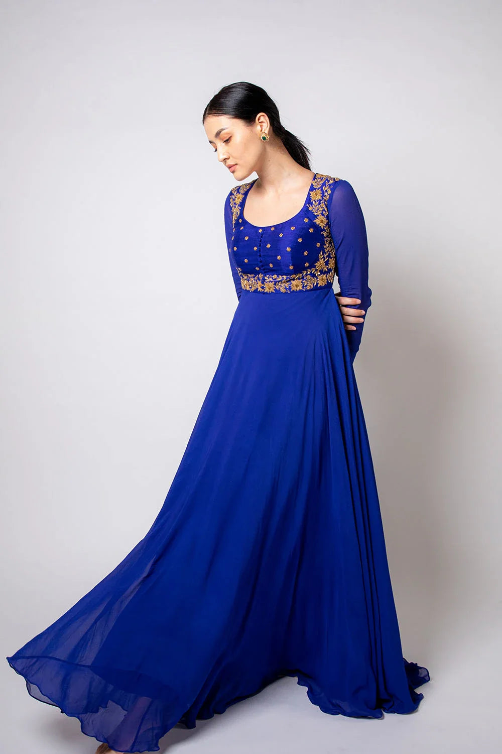 Regal Royal Blue Raw Silk Georgette Zardosi Anarkali Gown