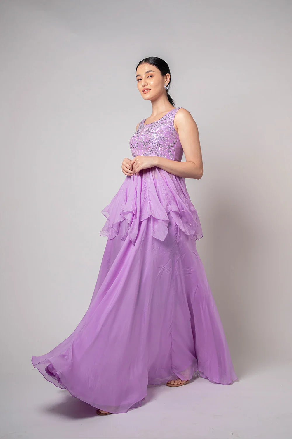 Stunning Purple Lavender Raw Silk Organza Peplum Lehenga Sequin