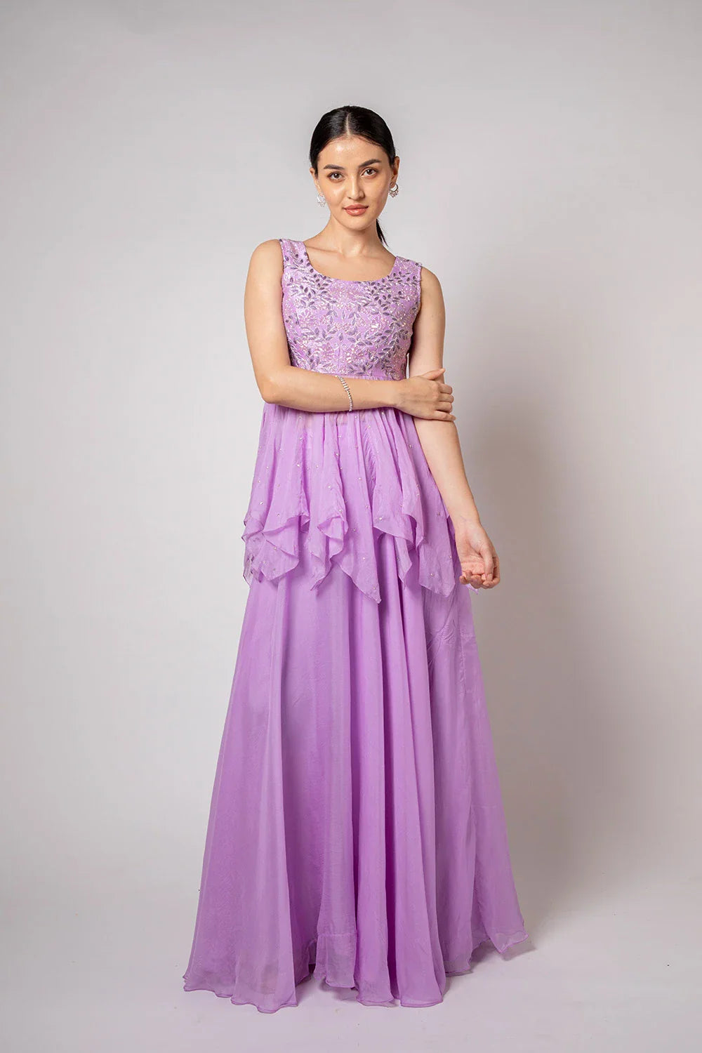 Stunning Purple Lavender Raw Silk Organza Peplum Lehenga Sequin