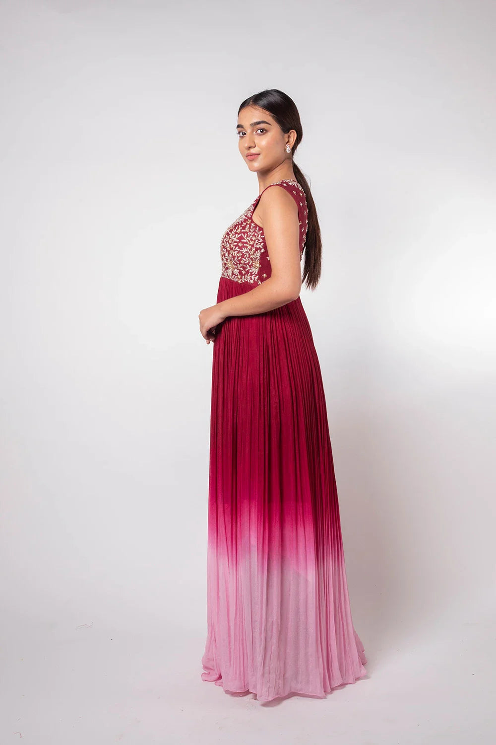 Stunning Ruby Wine Ombre Raw Silk & Crepe Long Gown