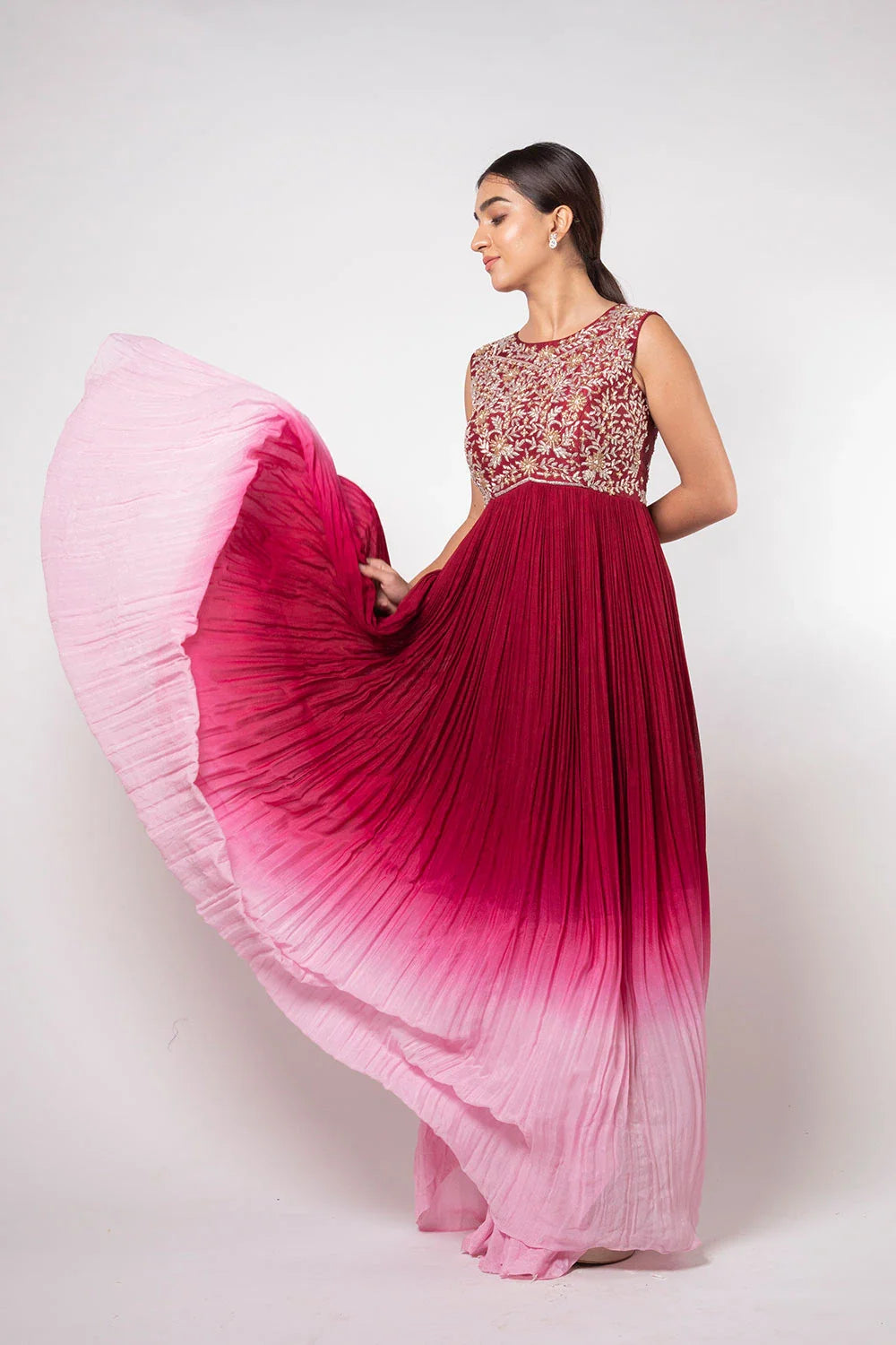 Stunning Ruby Wine Ombre Raw Silk & Crepe Long Gown