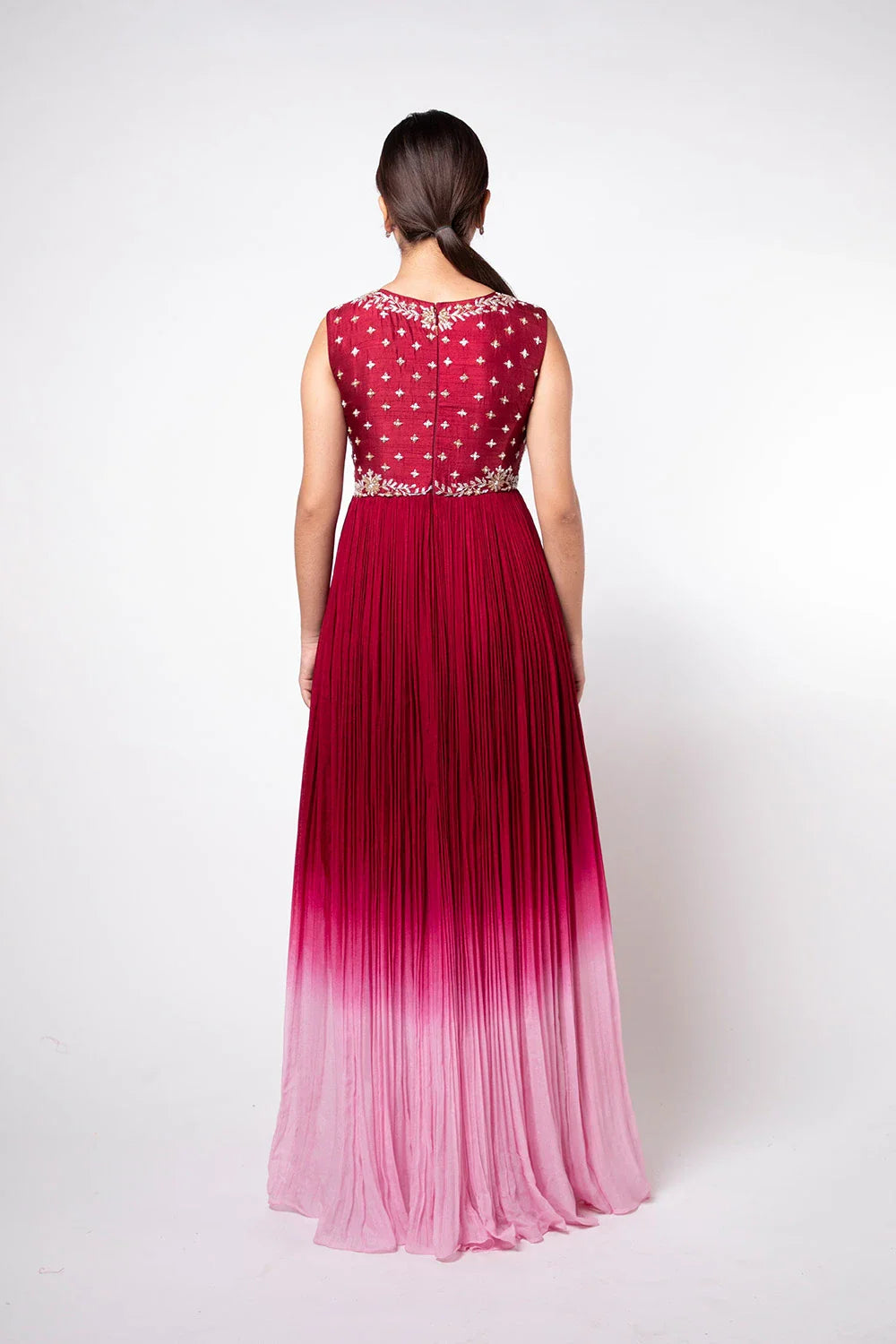 Stunning Ruby Wine Ombre Raw Silk & Crepe Long Gown