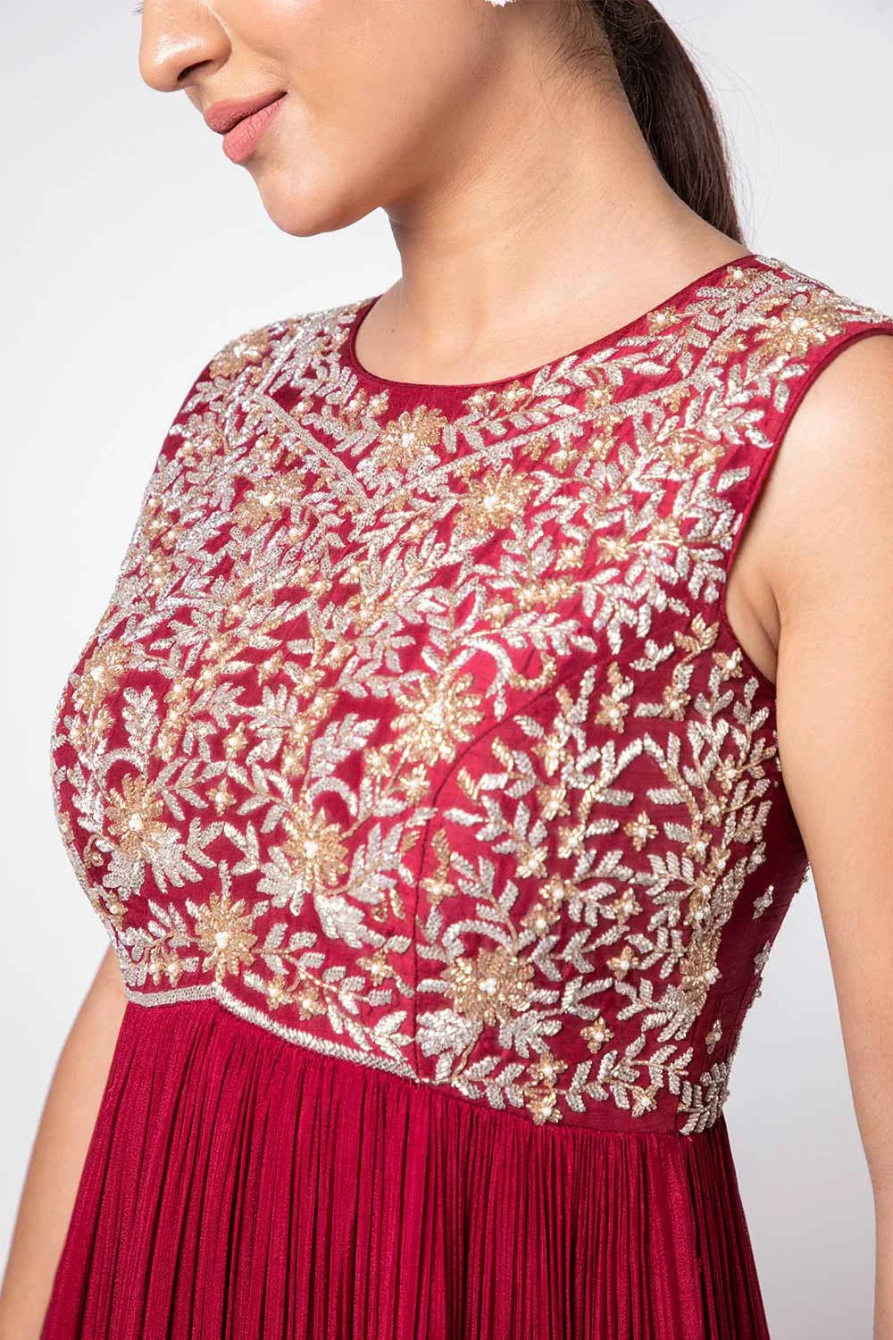 Stunning Ruby Wine Ombre Raw Silk & Crepe Long Gown