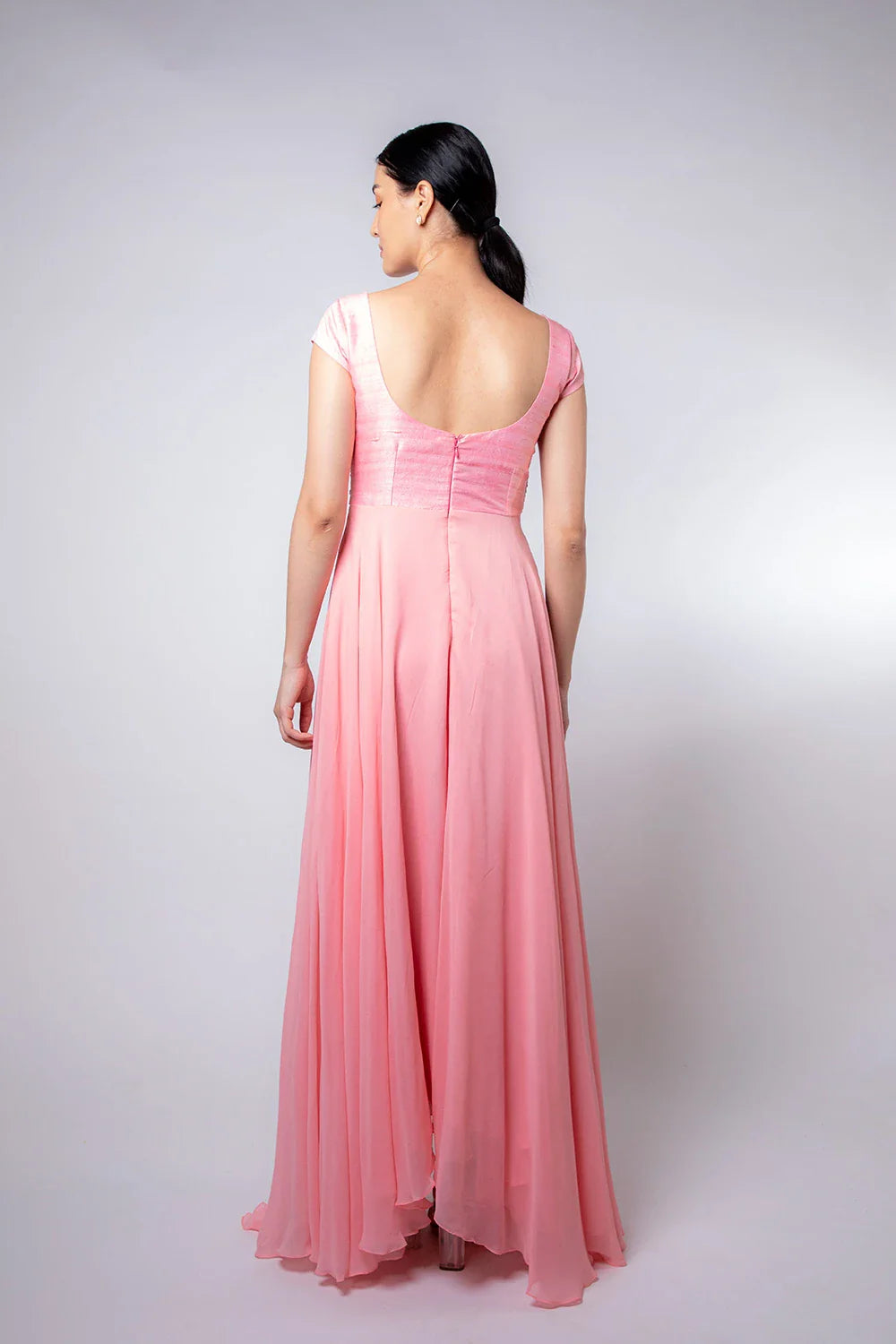 Chic Peach Pink Raw Silk Georgette Embellished High-Low Gown