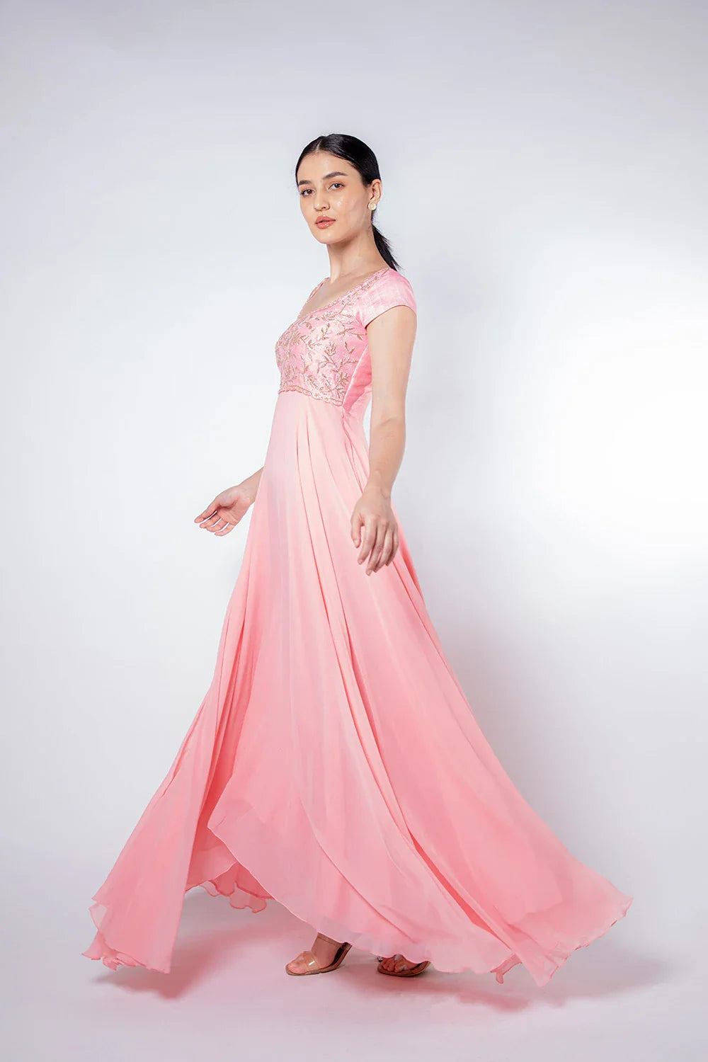 Chic Peach Pink Raw Silk Georgette Embellished High-Low Gown