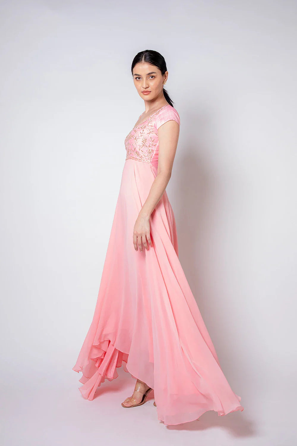 Chic Peach Pink Raw Silk Georgette Embellished High-Low Gown