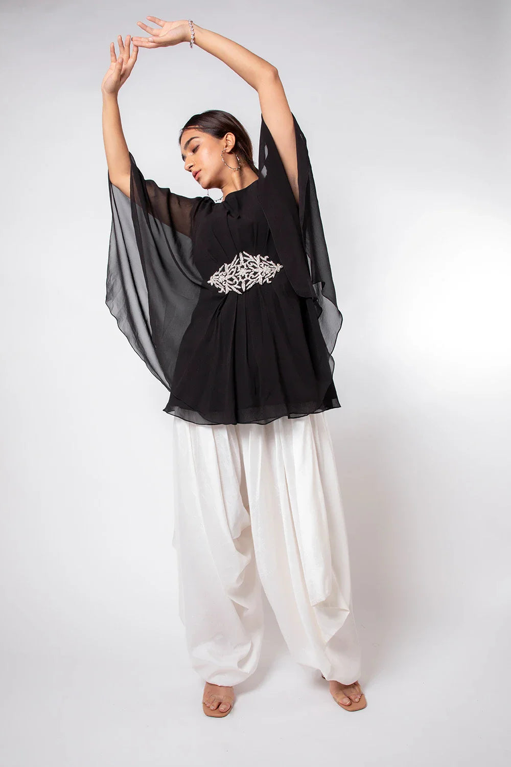 Stylish Jet Black Georgette Flared Top with Cutdana Work