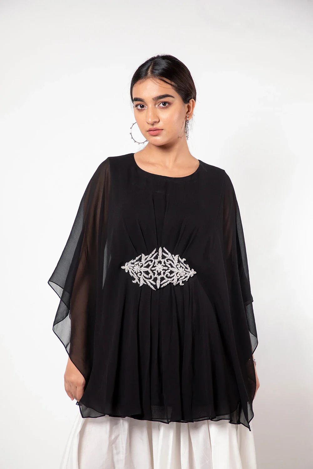 Stylish Jet Black Georgette Flared Top with Cutdana Work