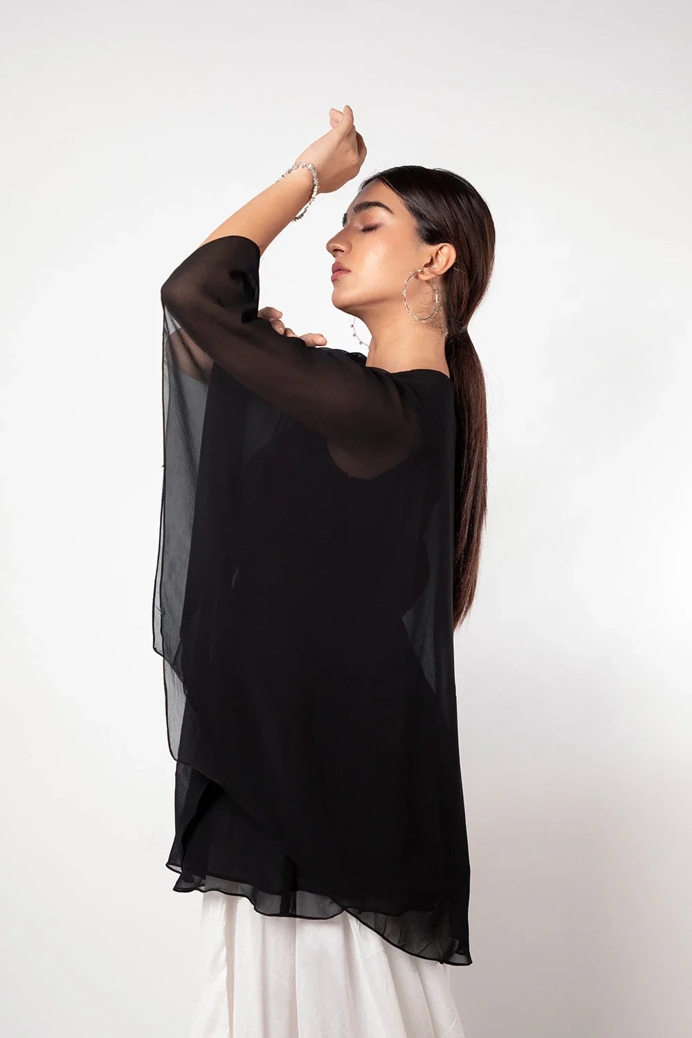 Stylish Jet Black Georgette Flared Top with Cutdana Work