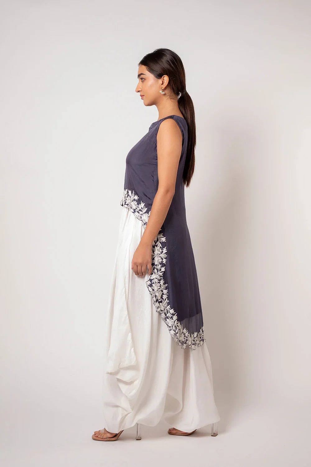 Elegant Grey Organza Cape Top with Cutdana & Pothework