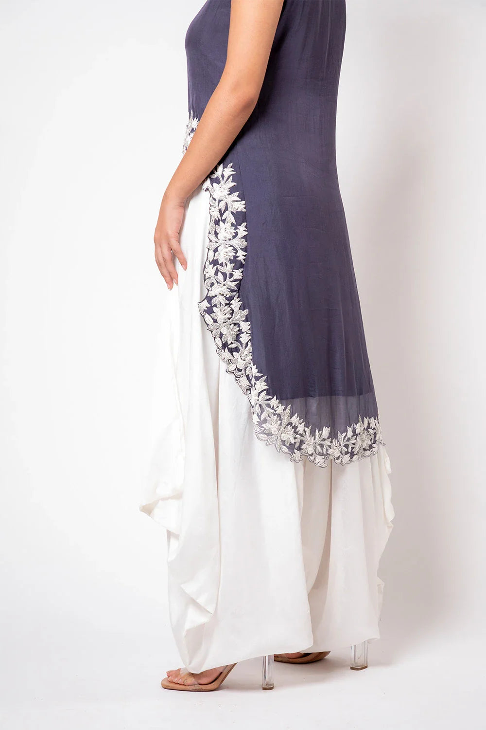 Elegant Grey Organza Cape Top with Cutdana & Pothework