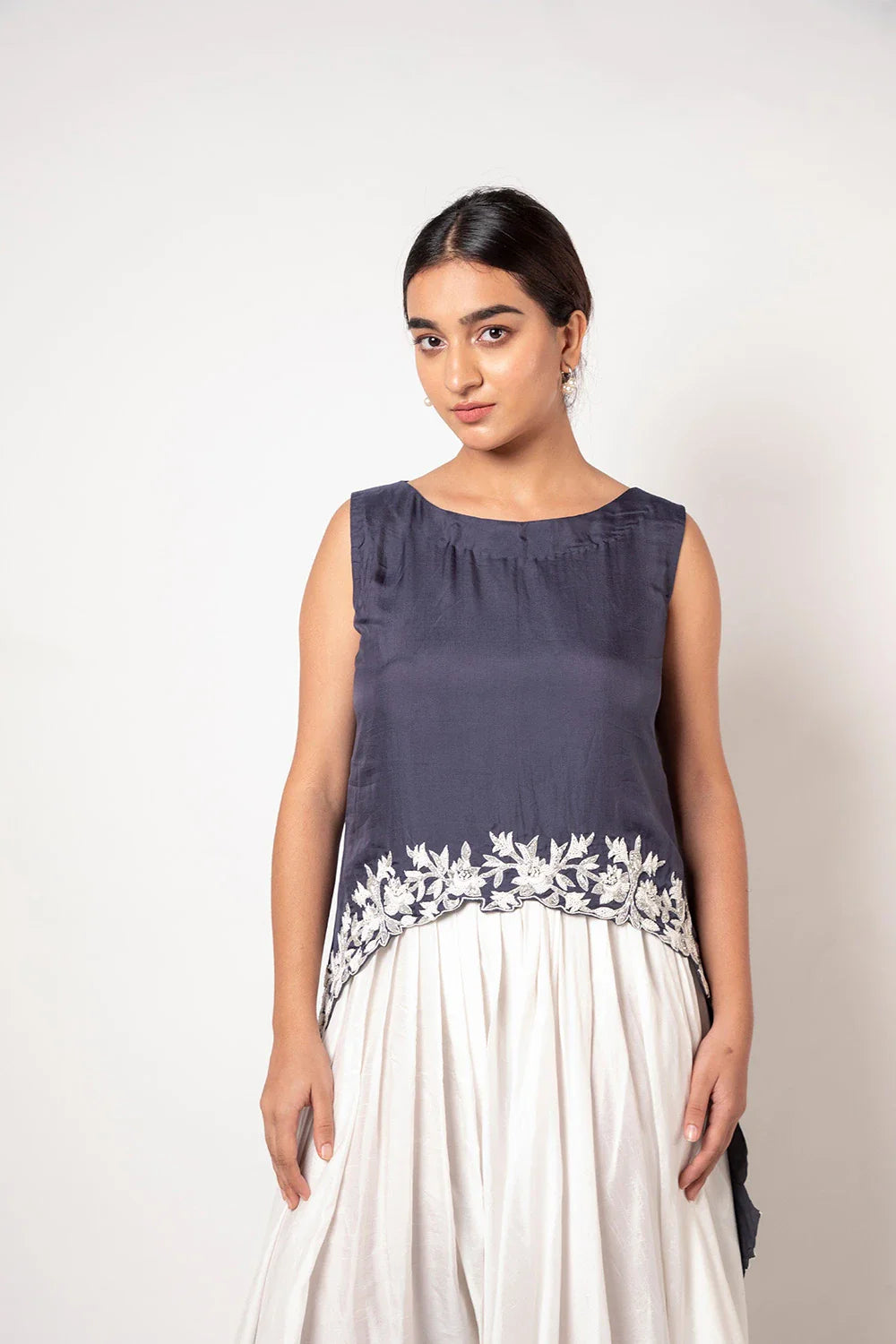 Elegant Grey Organza Cape Top with Cutdana & Pothework
