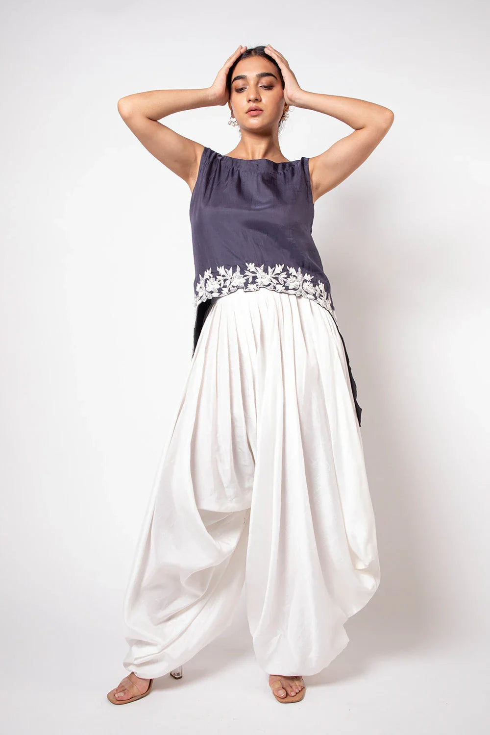 Elegant Grey Organza Cape Top with Cutdana & Pothework
