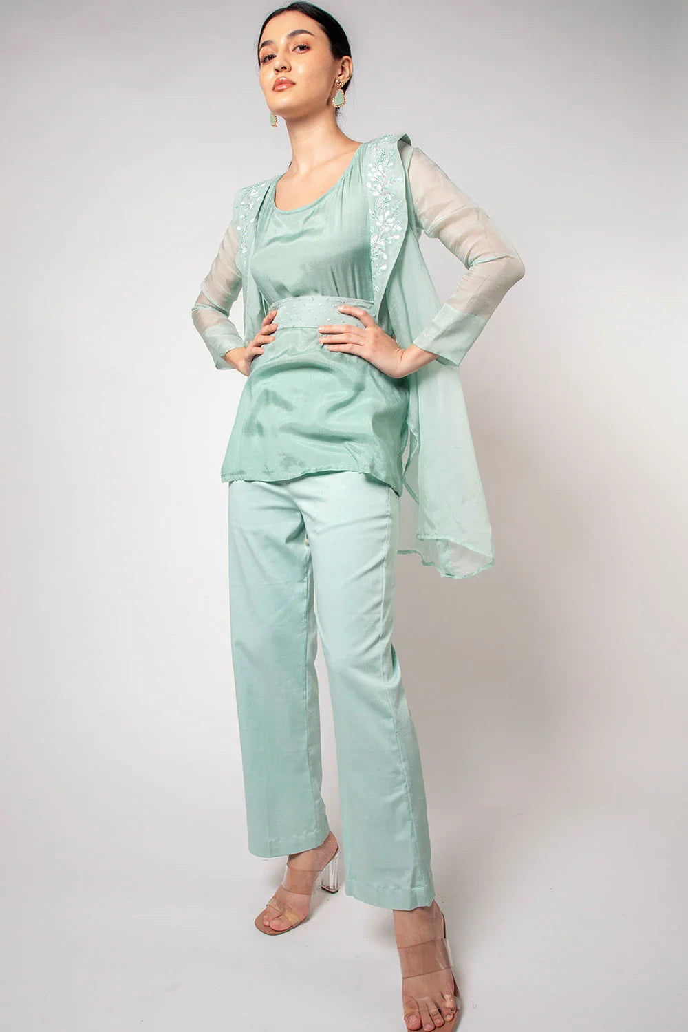 Elegant Mint Green Organza Blazer Top Pant & Belt Set