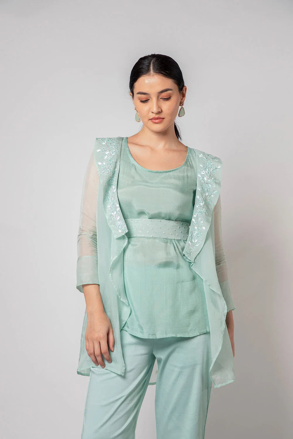 Elegant Mint Green Organza Blazer Top Pant & Belt Set