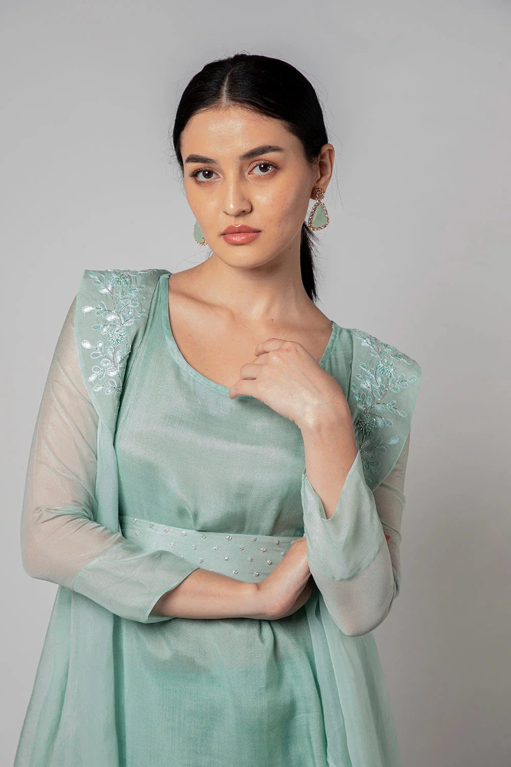 Elegant Mint Green Organza Blazer Top Pant & Belt Set