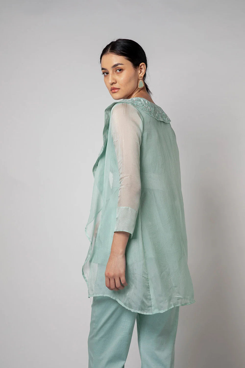 Elegant Mint Green Organza Blazer Top Pant & Belt Set