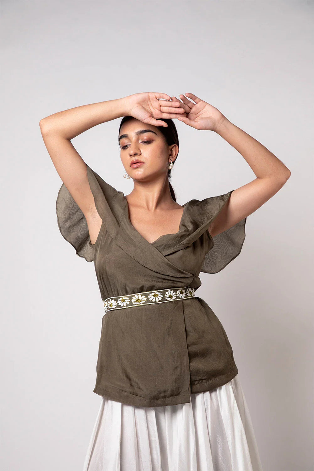 Elegant Olive Green Organza Top with Detachable Pearl Belt