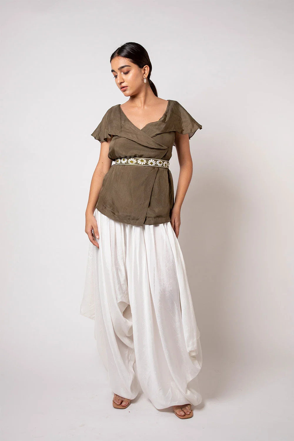 Elegant Olive Green Organza Top with Detachable Pearl Belt