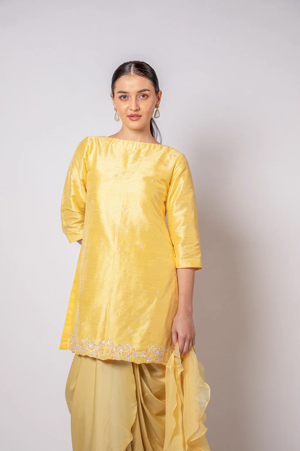 Elegant Yellow Raw Silk Handwork Kurti with Satin Dhoti Set