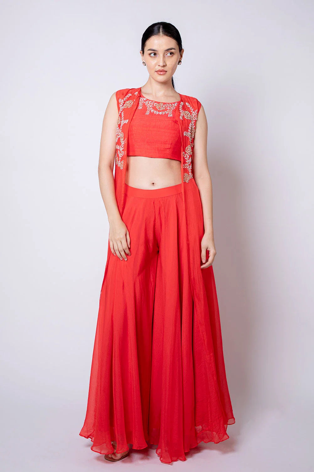 Elegant Red Orange Raw Silk Organza Palazzo Cape Set Cutdana