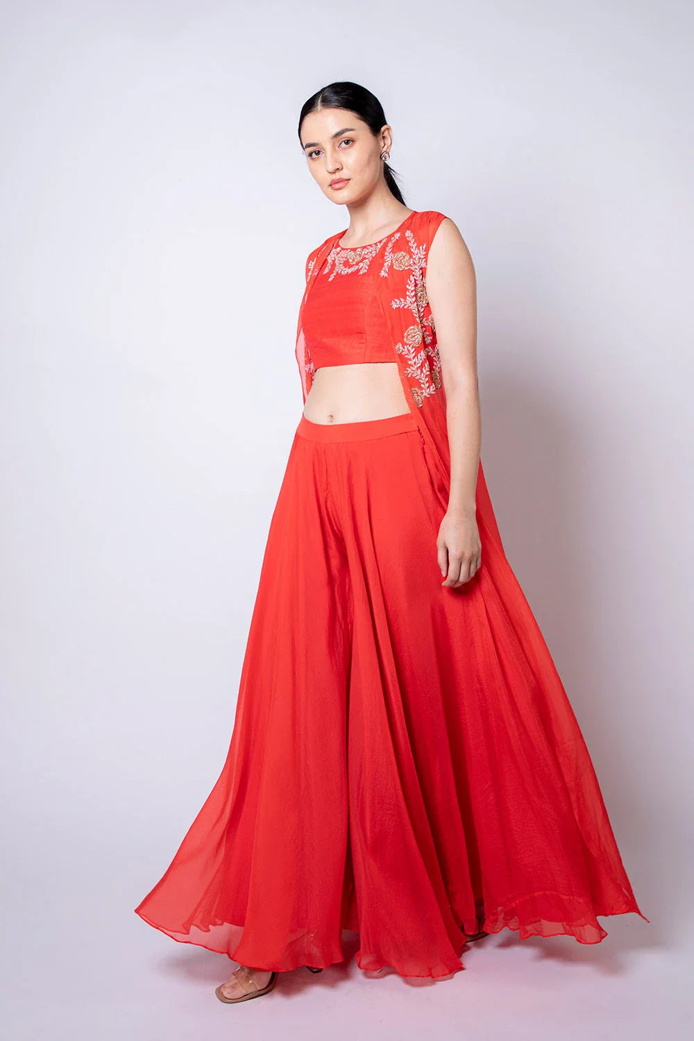 Elegant Red Orange Raw Silk Organza Palazzo Cape Set Cutdana