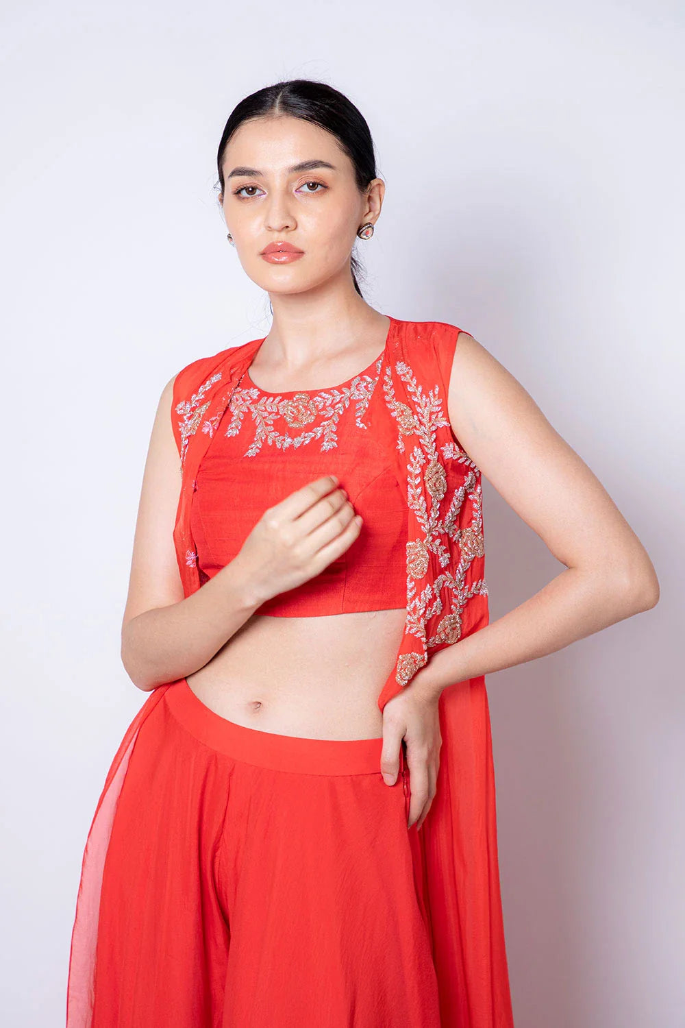 Elegant Red Orange Raw Silk Organza Palazzo Cape Set Cutdana