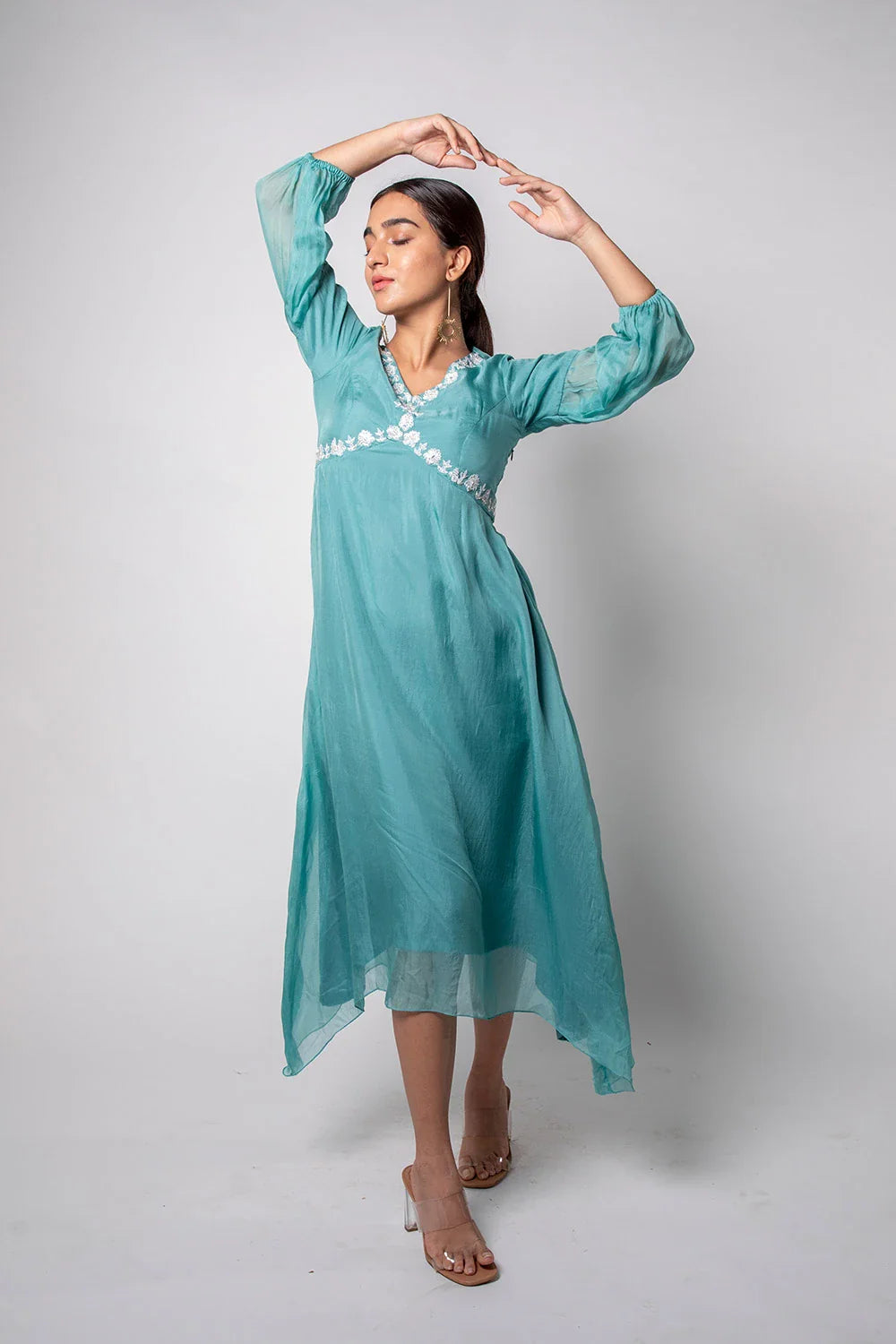 Beautiful Sea Green Organza Calf Length Hand Embroidery Dress
